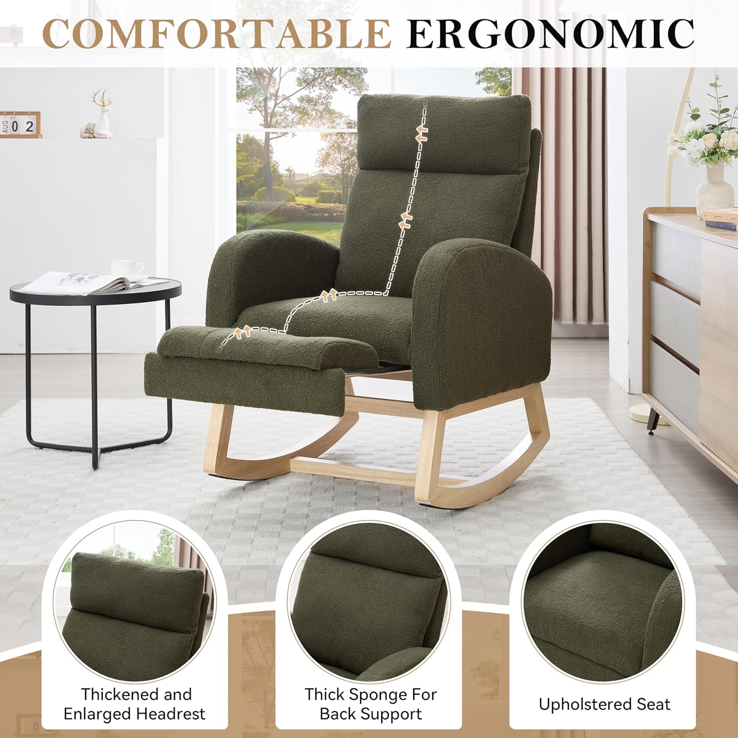 Nursery Rocking Chair, Teddy Fabric Leisure Rocking Chair with Adjustable Footstool, Thickened Headrest and High Backrest, Storage Pocket On The Right Side for Living Room Bedroom Offices, Green