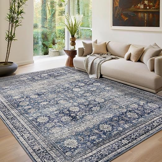 GarveeHome Living Room Rugs 10x13 Large Vintage Printed Area Rugs with Non-Slip Backing, Stain-Resistant Oriental Accent Rugs, Washable Farmhouse Low Pile Rugs for Bedroom, Office, Blue