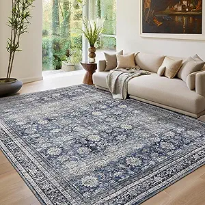 GarveeHome Living Room Rugs 10x13 Large Vintage Printed Area Rugs with Non-Slip Backing, Stain-Resistant Oriental Accent Rugs, Washable Farmhouse Low Pile Rugs for Bedroom, Office, Blue