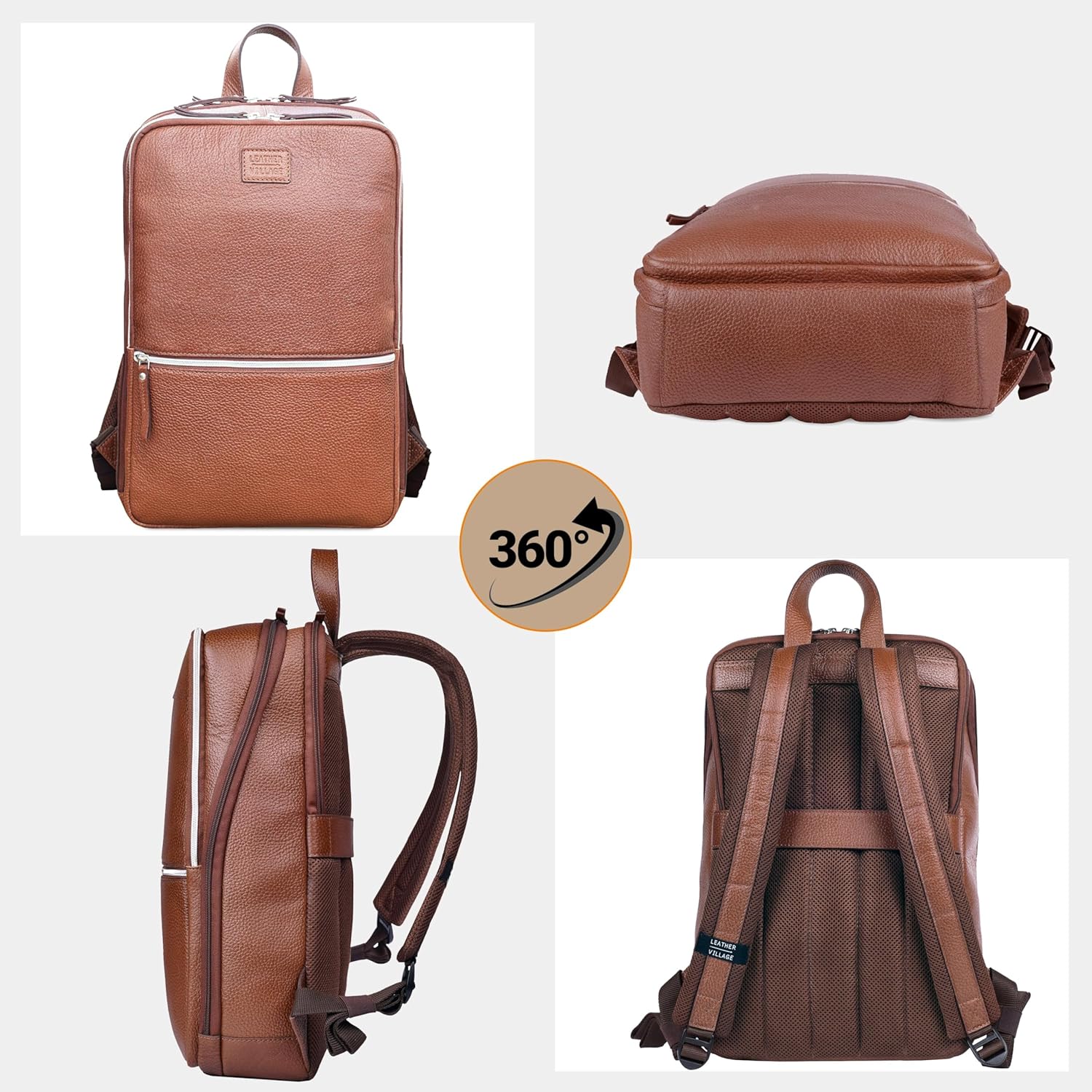 LEATHER VILLAGE Leather Laptop Backpack for Men | Cognac Brown | Slim Professional Business Bag Fits 15.6”-Laptop | Water-Repellent Work & Travel Daypack with Trolley Strap - Image 7