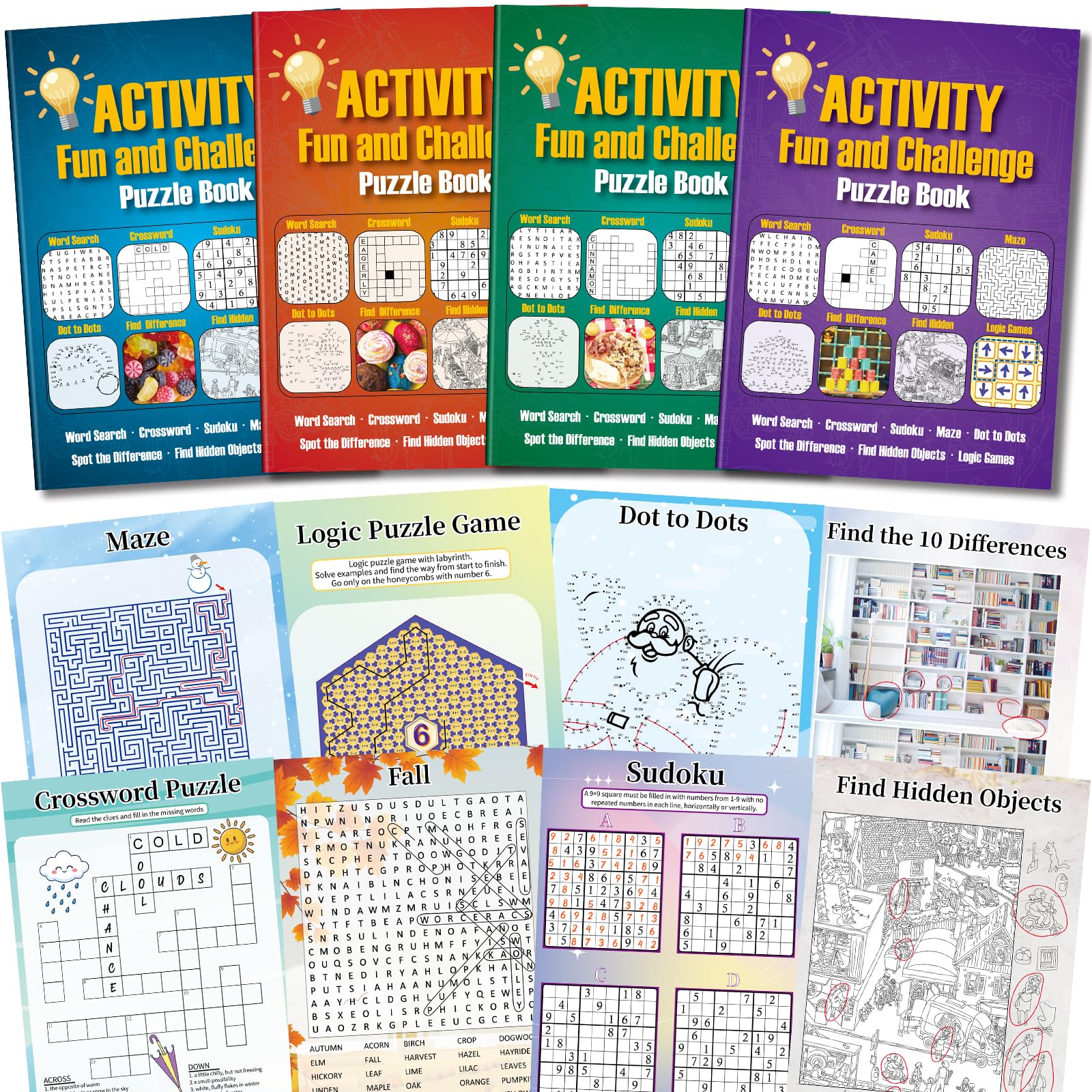 Elfew 4 Pack Activity Books for Adults, 150+ Puzzles for Adults, Travel Games for Adult and Teens, Brain Teaser Books, Dementia Activities for Seniors, 8 Types of Puzzles