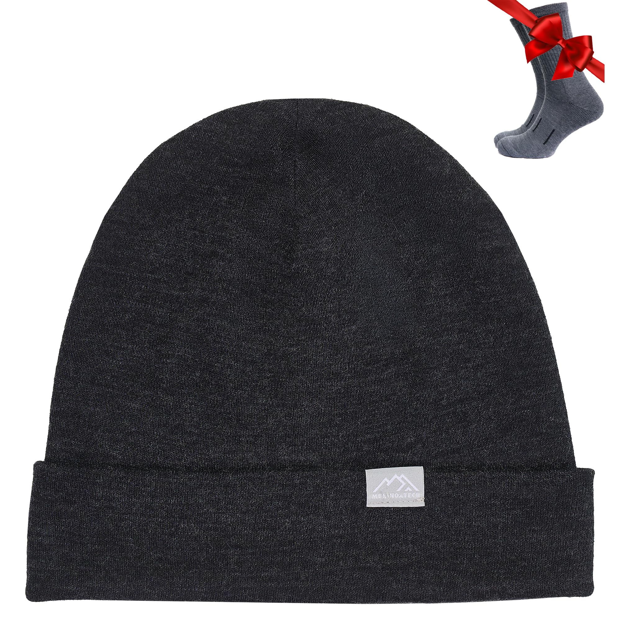 Merino Wool Beanie Men and Women – Cuff Merino Wool Hats for Men and Women - Unisex Adult Beanie Hat and Socks (Charcoal Grey, Large-XLarge)