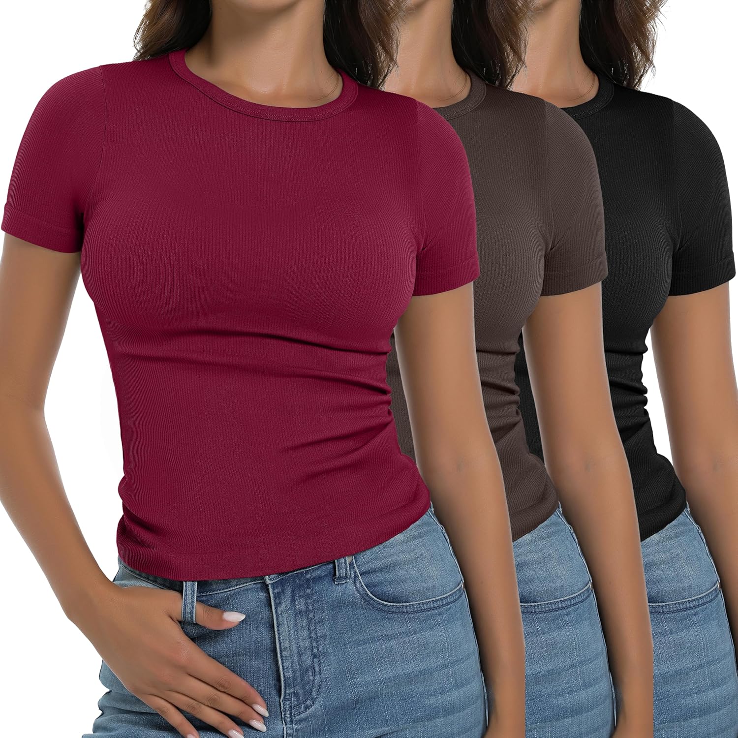 OVESPORT 3 Pack Ribbed Womens Basic T Shirts Summer Tops Gym Workout Short Sleeve Slim Fit Crop Tops