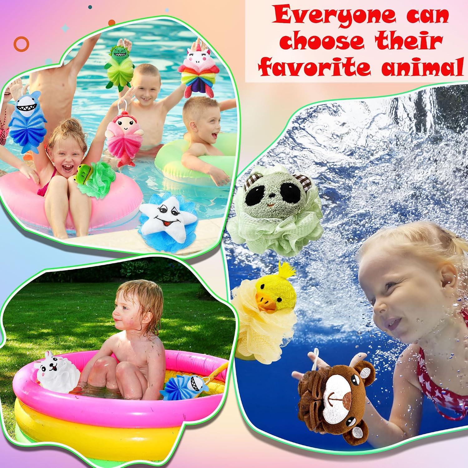 12 Pcs Kids Bath Loofahs Bath Sponge Cute Shower Ball Cartoon Animal Mesh Pouf Colorful Body Scrubbers for Girls Boys Washing Exfoliating