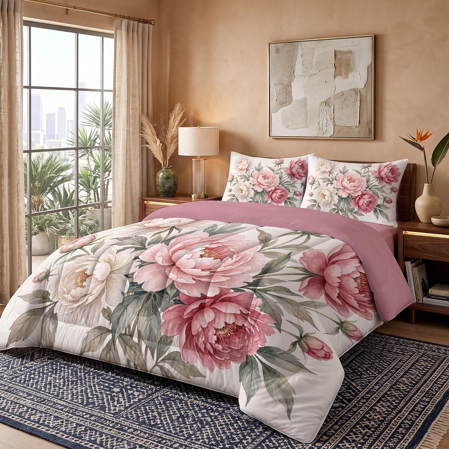 Elegant Flowers Comforter Set Twin Size, Peony Flowers and Branches Print Breathable Bedding Set for Girls Boys Teens, Pink Quilt Duvet with 2 Pillow Cases