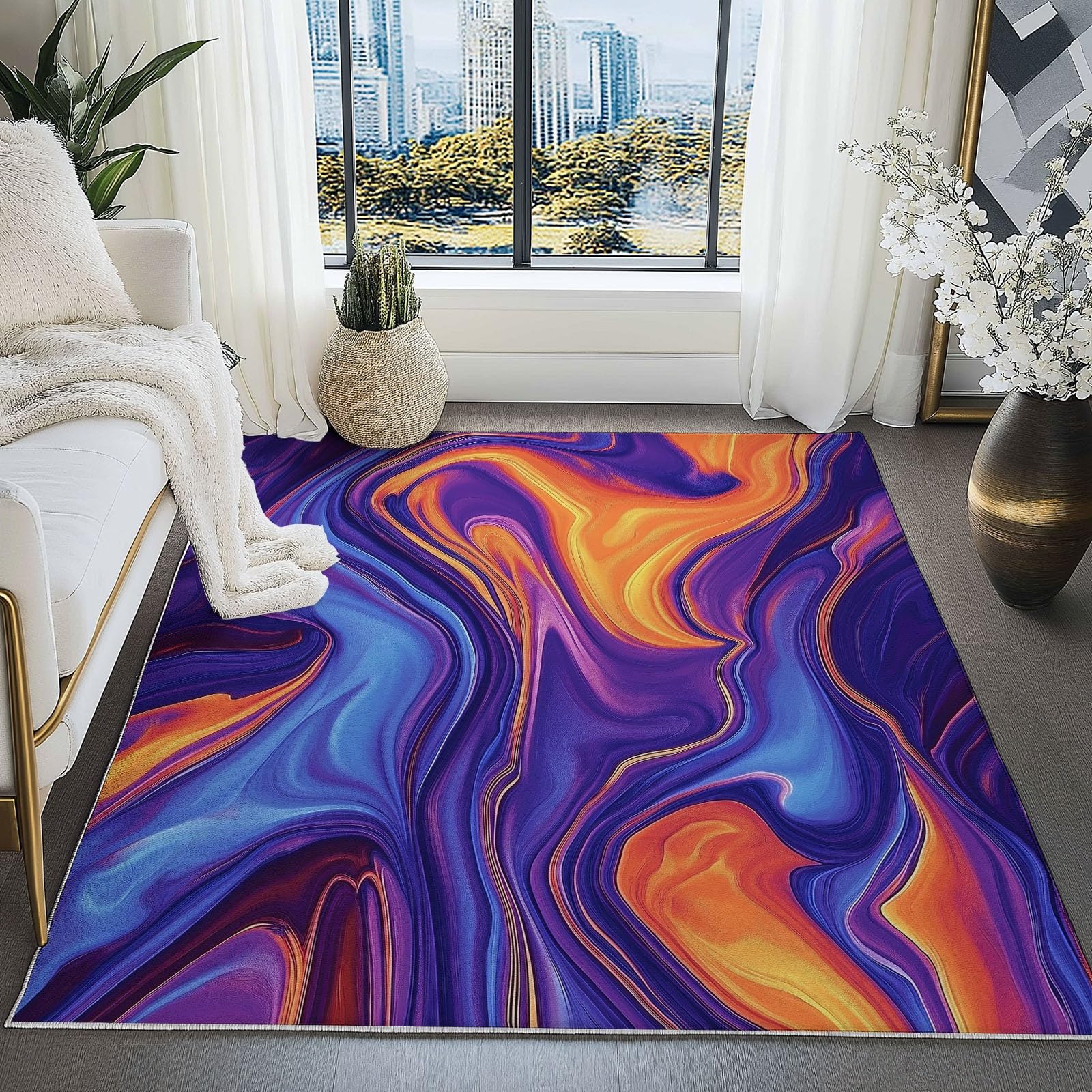 Tapis Chambre, 80 x 150 cm, Abstrait Flux Lignes Texture Tapis de Salon Doux à Poils Courts Lavable en Machine Ne perd Pas Ses Poils Tapis Antidérapant Salle a Manger Décoration, Violet Orange