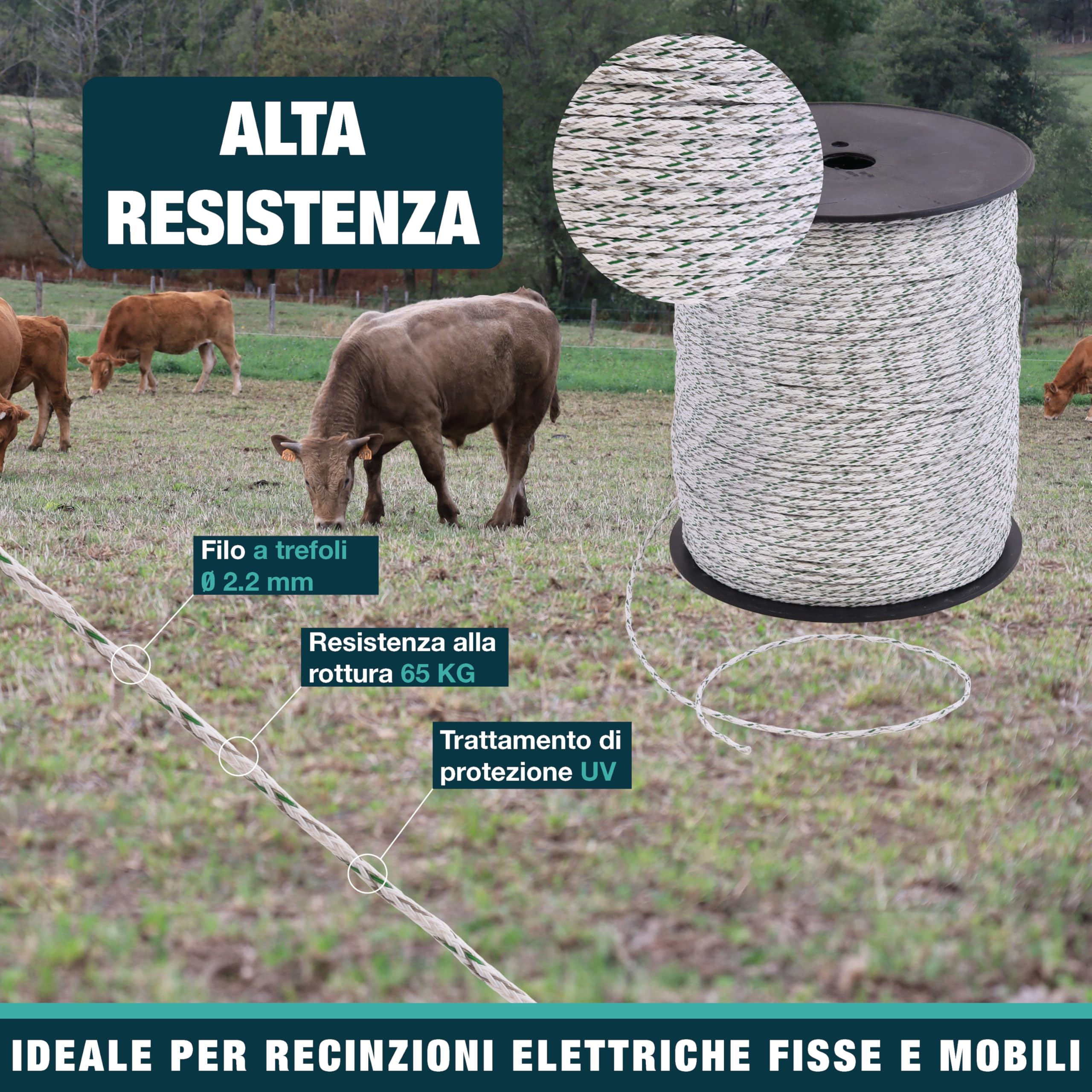 Cavo diametro 2,2 mm - Recinzione elettrica per animali (mucca, capra, pecora, cavallo), bobina da 500 m - 6 fili in acciaio inox diametro 0,20 mm