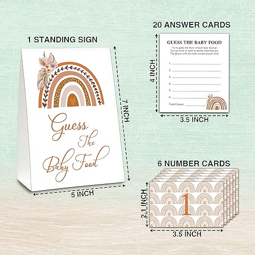 Miniatura 2 de Guess the Baby Food Party Games, juego bohemio de baby shower con arco iris (1 letrero de pie + 20 tarjetas de respuesta + 6 tarjetas de números),