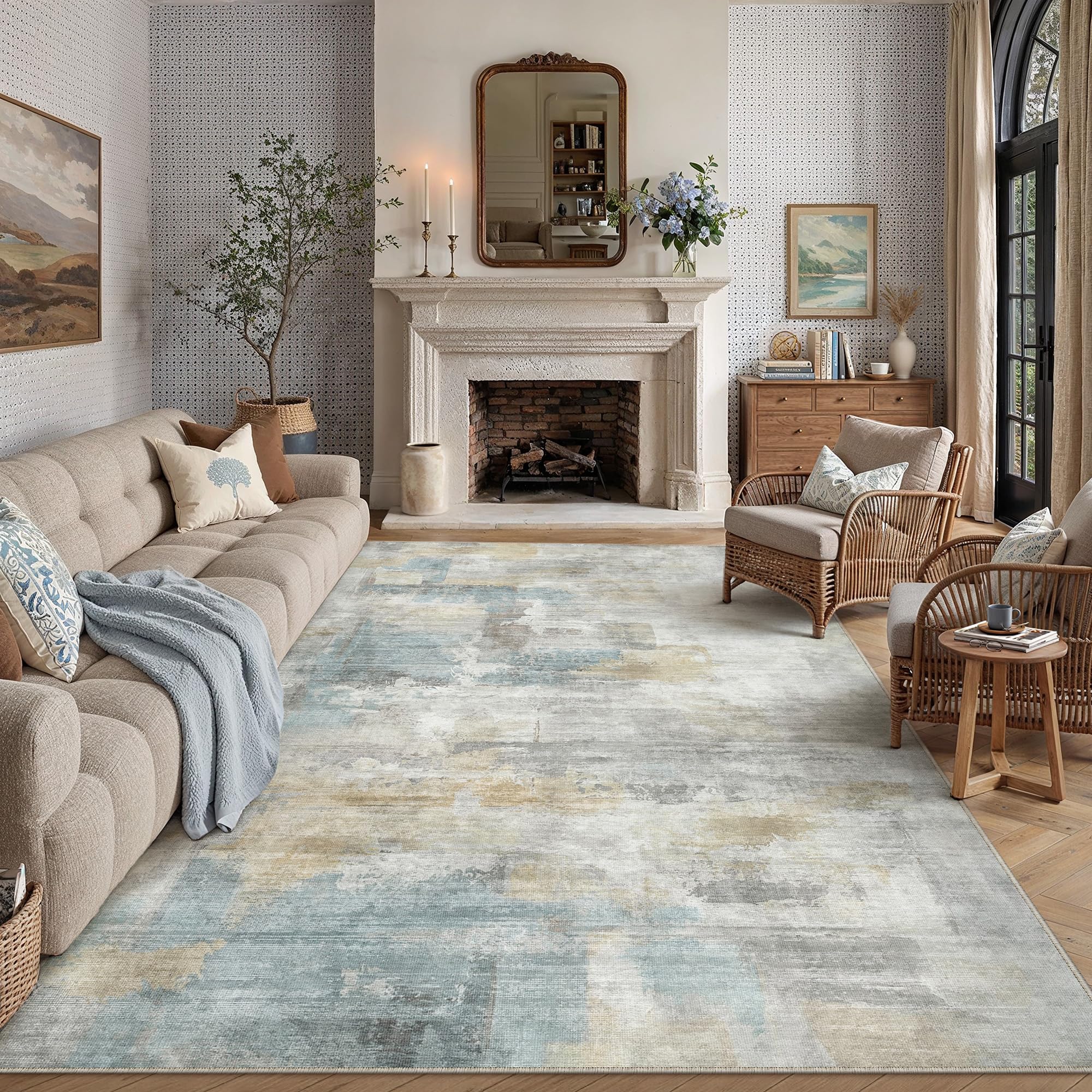 PureCozy Rugs Living Room Rug 200x300cm Blue Yellow Washable