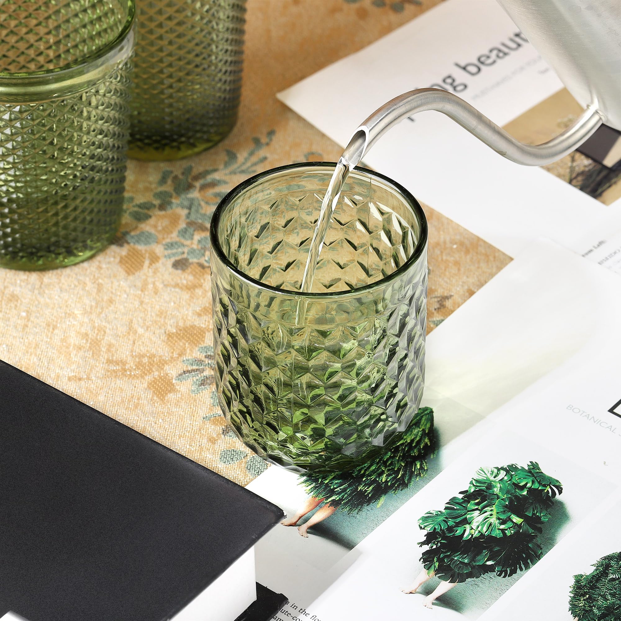 Diamant Design Glazen Joeyan Set Van 6 Vintage Drinkglazen – Groen, Diamant Reliëf, 200ml, Vaatwasmachinebestendig Voor Bar Restaurant Thuis