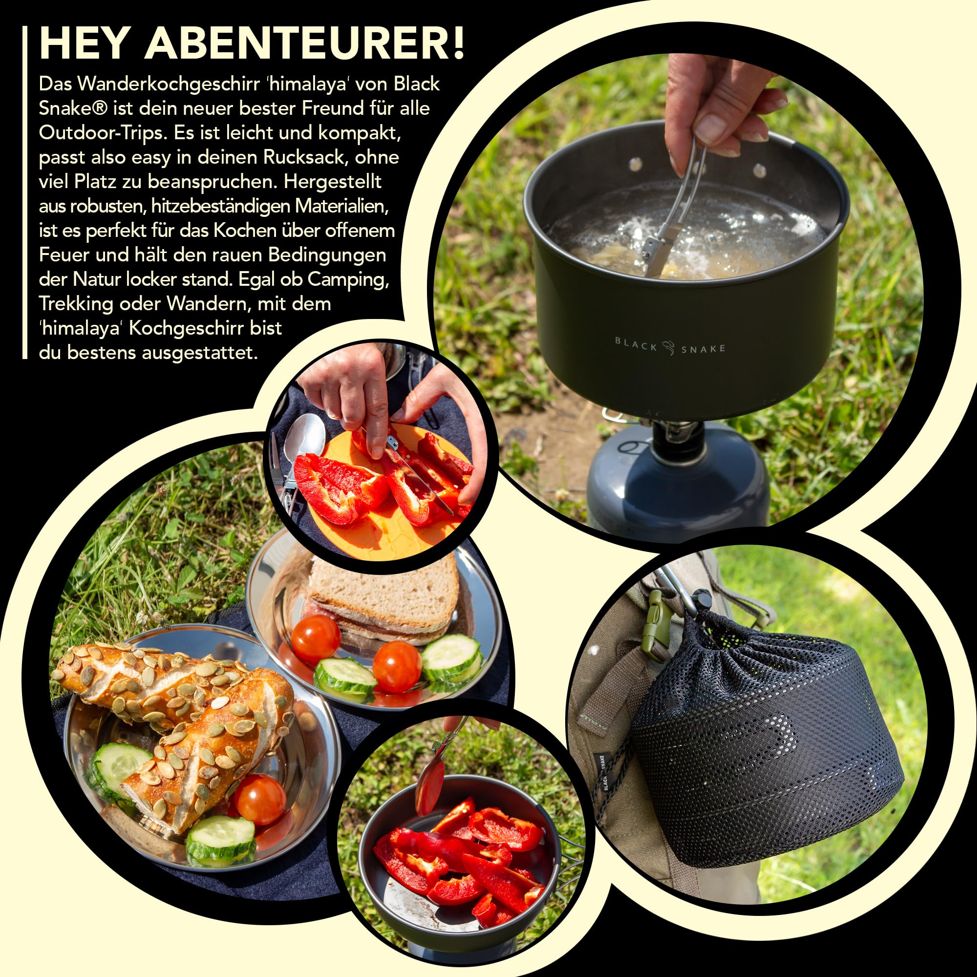 Camping Geschirr Set 14-teilig für Outdoor Küche, Wandern & Festival - mit Bechern, Tellern, Besteck, Topf, Pfanne, Kessel & Zubehör