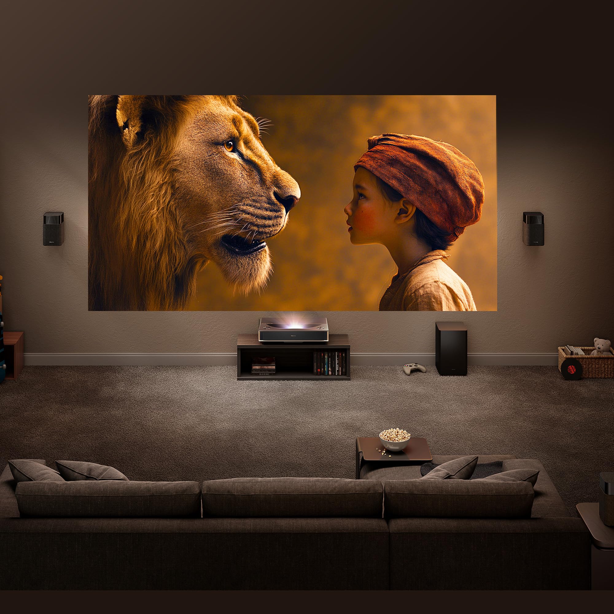 Hisense PT1 - Proyector Laser Tricroma UHD 4K Smart TV de Tiro Corto, de 80" a 150", 2500 Lumen, HDR10, Contraste Nativo 3000:1, Dolby Vision, Dolby Atmos, IMAX Enhaced, Smooth Motion, Mando Solar
