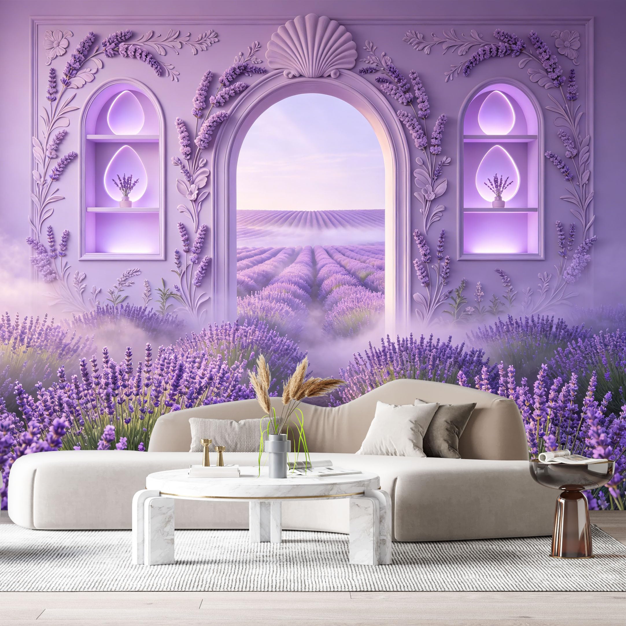 Custom Size Wall Murals Lavender Field Romantic Archway Floral Motif Watercolor 3D Trompe L'Oeil SelfAdhesiveWall Fabric Removable Wallpaper Wall Decor for Living Room Bedroom Bathroom