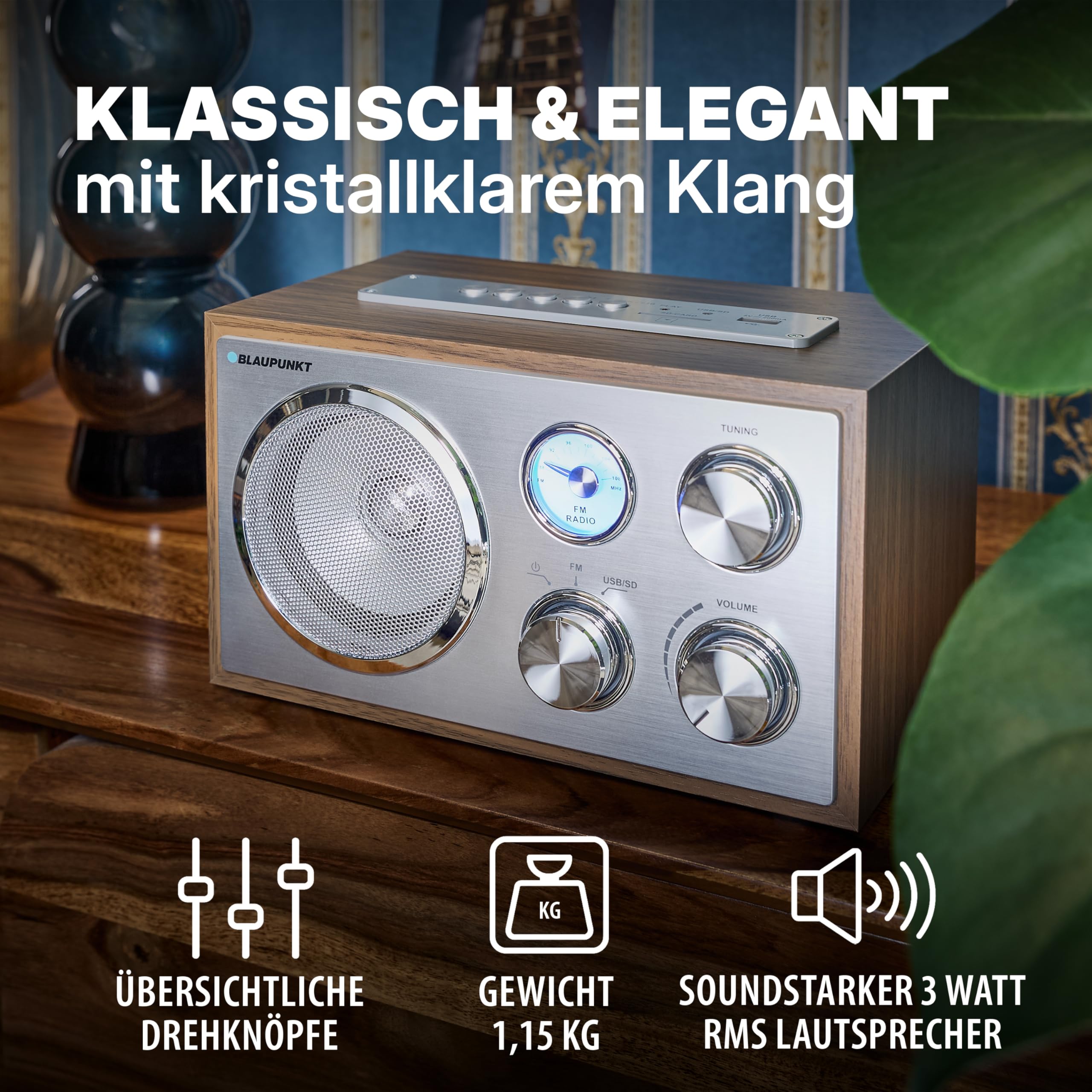 Blaupunkt RXN 19 WN Retro Radio, UKW FM Küchenradio, einfache Bedienung, Radio klein, Analog Tuner, USB-Port 2.0, SD Kartenleser, Antenne, Holz-Gehäuse, Nostalgie-Radio mit Netz-Kabel, Walnuss