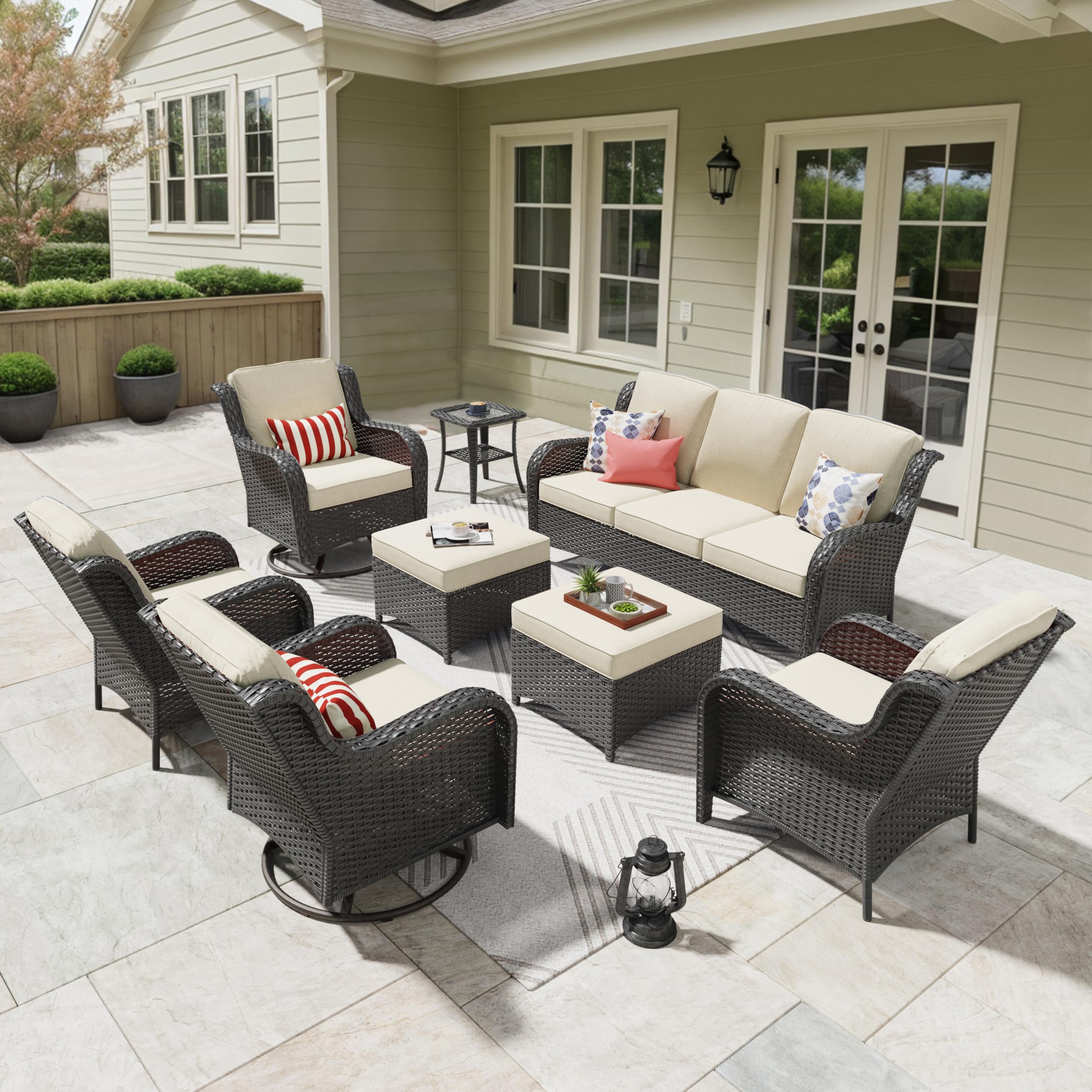 ovios 8 Pieces Patio Furniture Set with Swivel Rocking Chairs, Outdoor Wicker Sofa Couch Comfy Cushions, All Weather High Back Modern Conversation Set, Brown Rattan, Beige