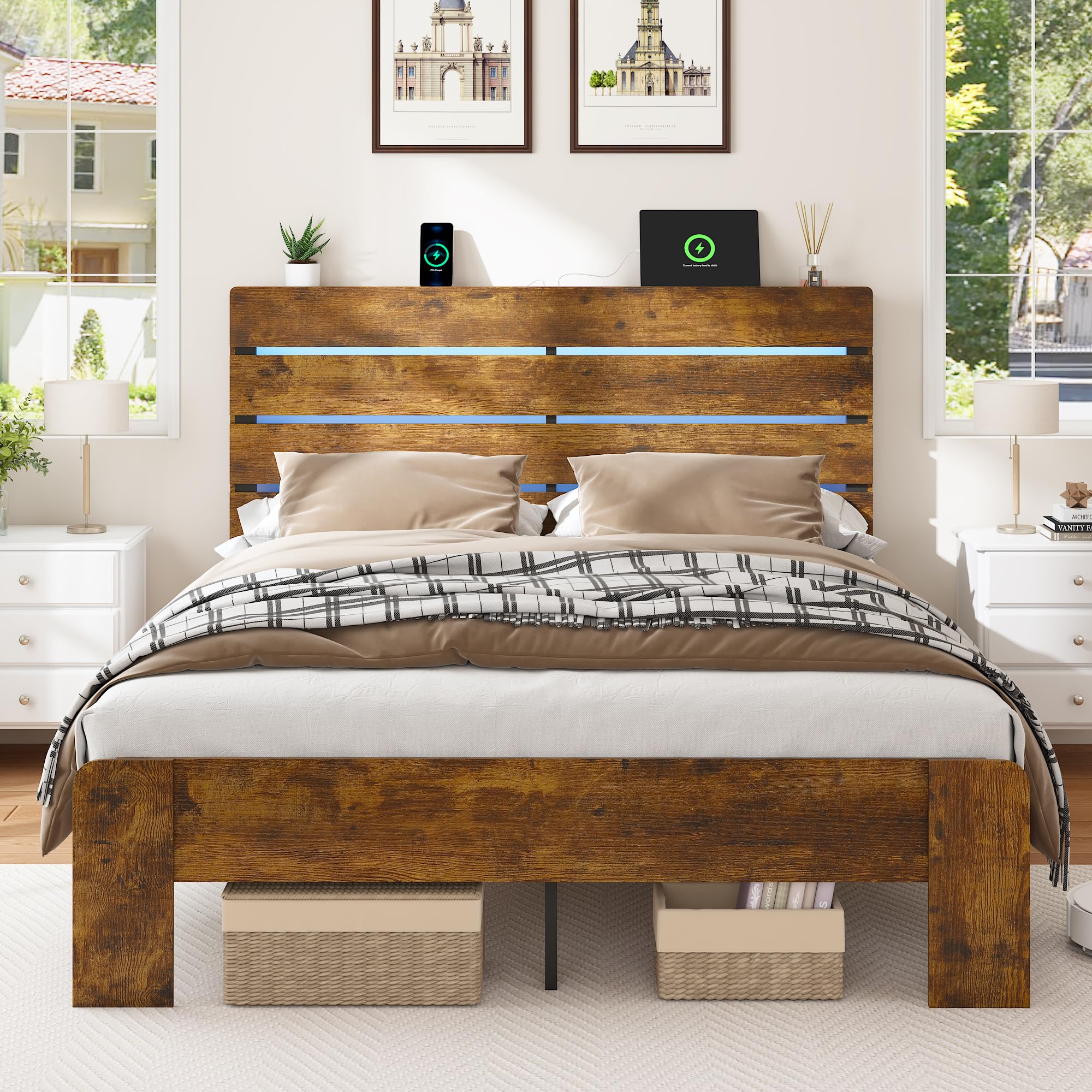 Rustic Vintage Platform Bed Frame King Size Wooden Bedframe with Storge Headboard Charging Station Led Lights Wood Slats