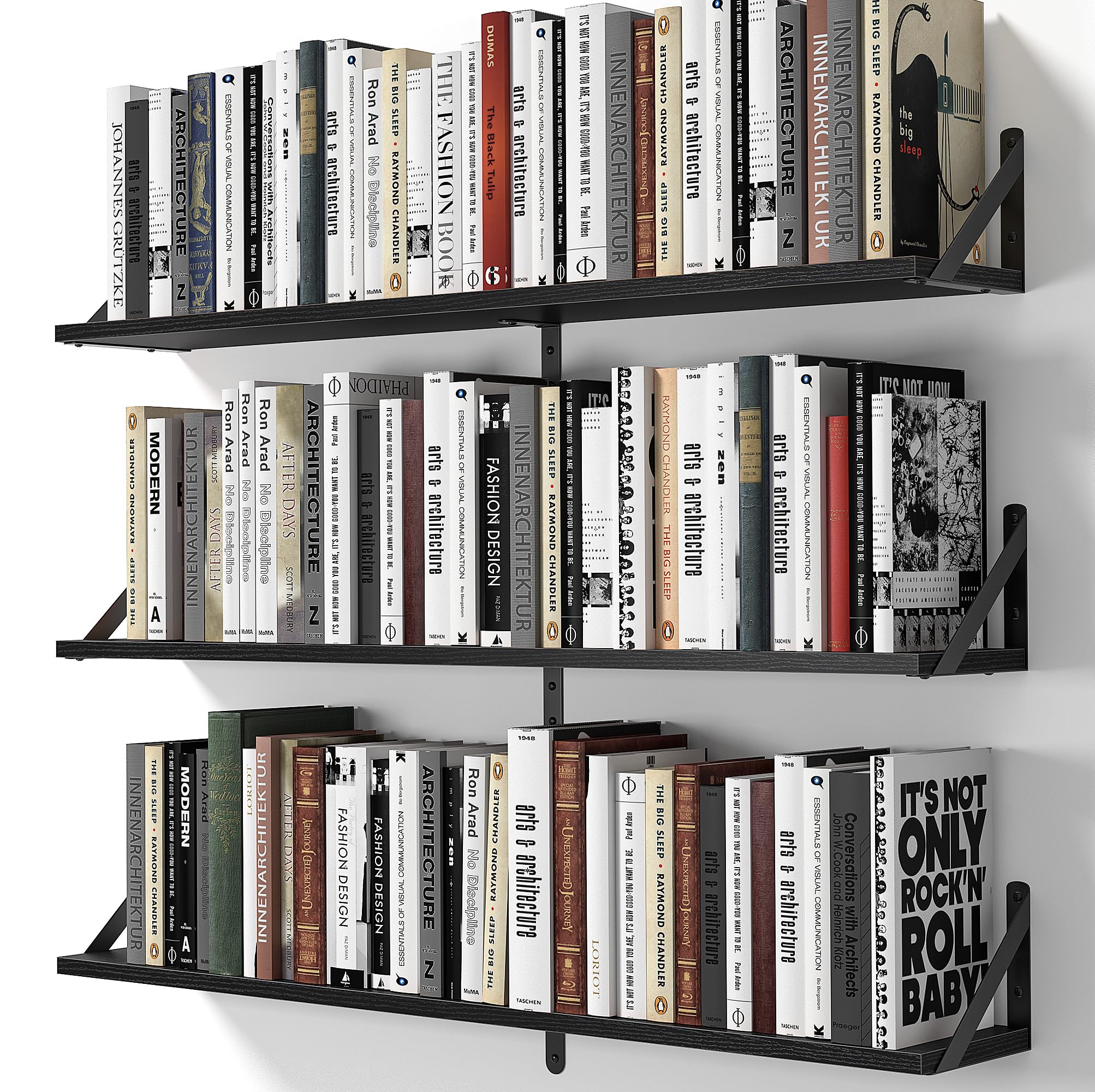 Heimlove Floating Shelves for Wall, 36 Inch Long Wood Floating Bookshelf Set of 3, Wall Mounted Hanging Shelf for Bathroom Bedroom Kitchen, Black