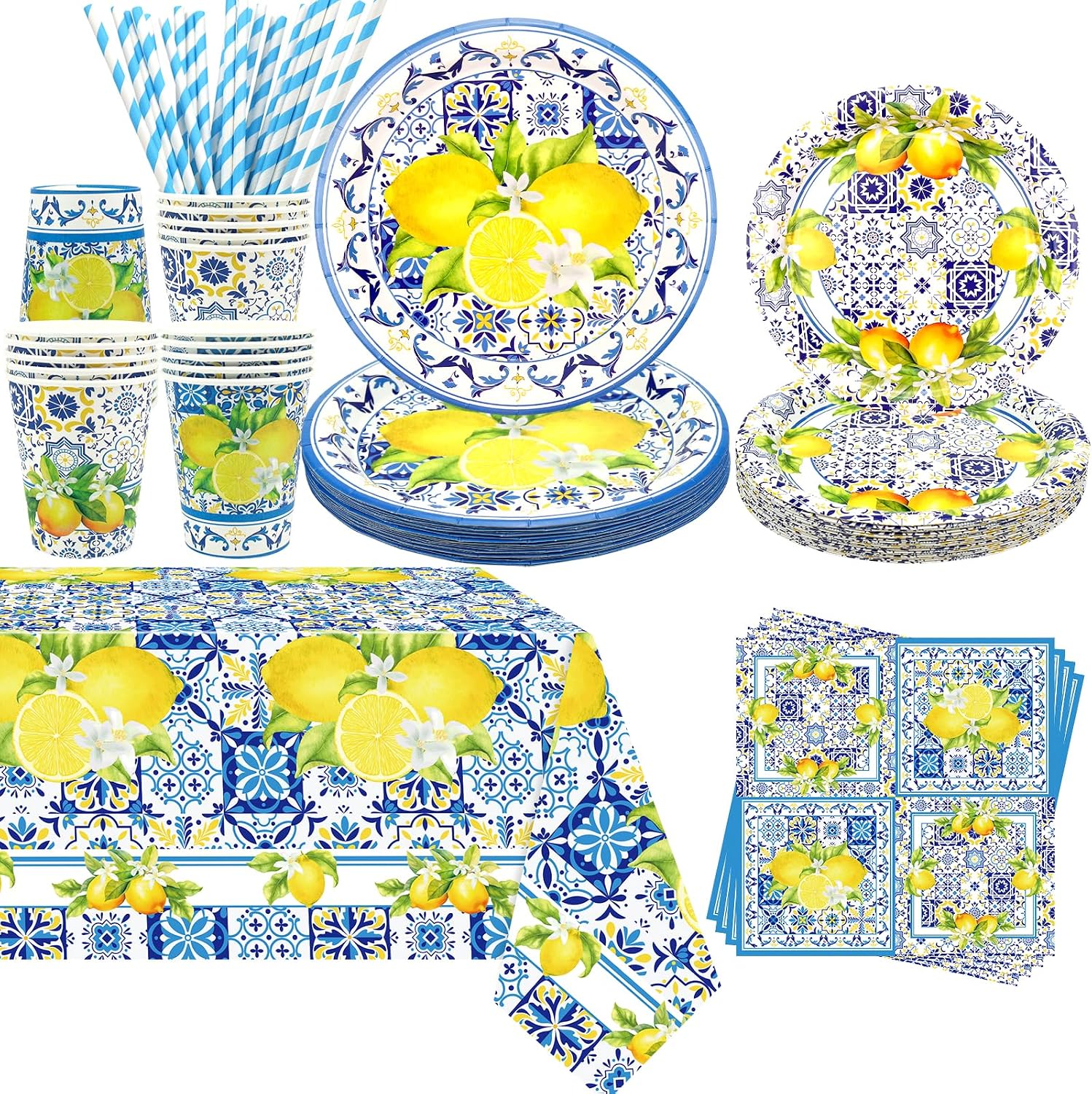 KEFAN Capri Lemon Birthday Party Decorations, Capri Lemon Theme Party Tableware Supplies including Plates, Cups, Napkins, Tablecloth (20)