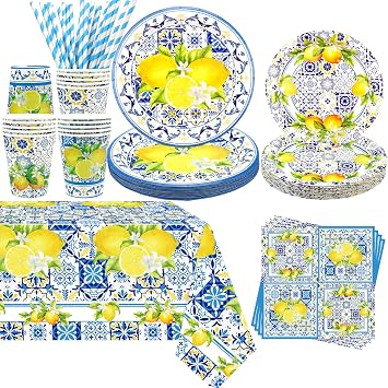 KEFAN Capri Lemon Birthday Party Decorations, Capri Lemon Theme Party Tableware Supplies including Plates, Cups, Napkins, Tablecloth 20
