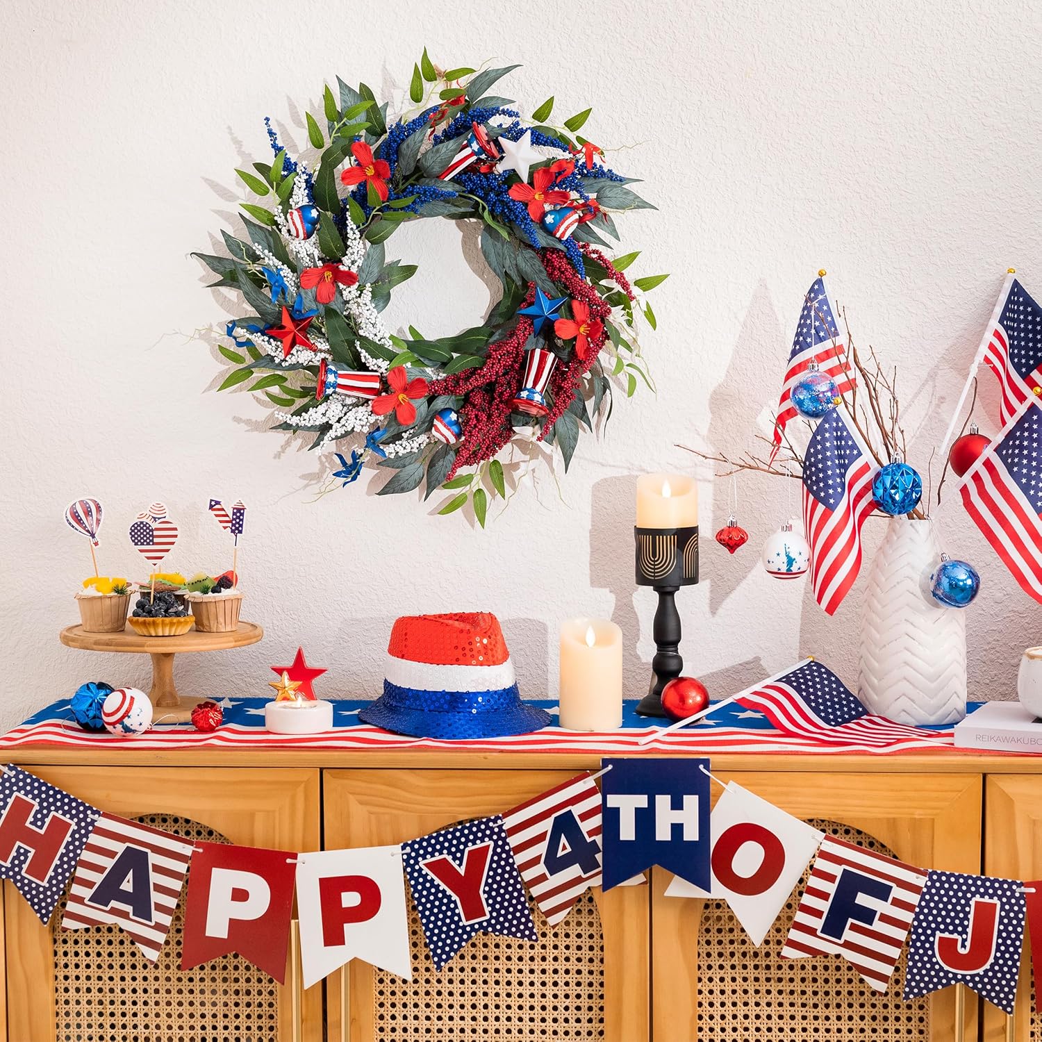 DecorbyHannah Patriotic Wreaths for Front Door, 22 inch 4th of July Wreath for Memorial Day, Flag Day, Collapsible Red White Blue Wreath Decorations with Top Hat Ornament for USA 250th Holiday