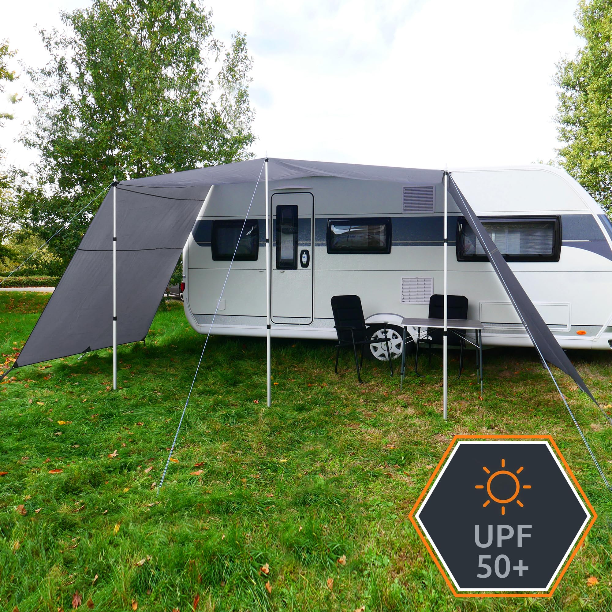 your GEAR Caravan Tarp Teramo - 4 Größen - 250, 300, 400, 450 cm Breite, Tiefe 240 cm - UPF 50+ Sonnendach für Wohnwagen Wohnmobil - 5000 mm Sonnensegel Seitenwände Aufstellstangen 450x240 cm