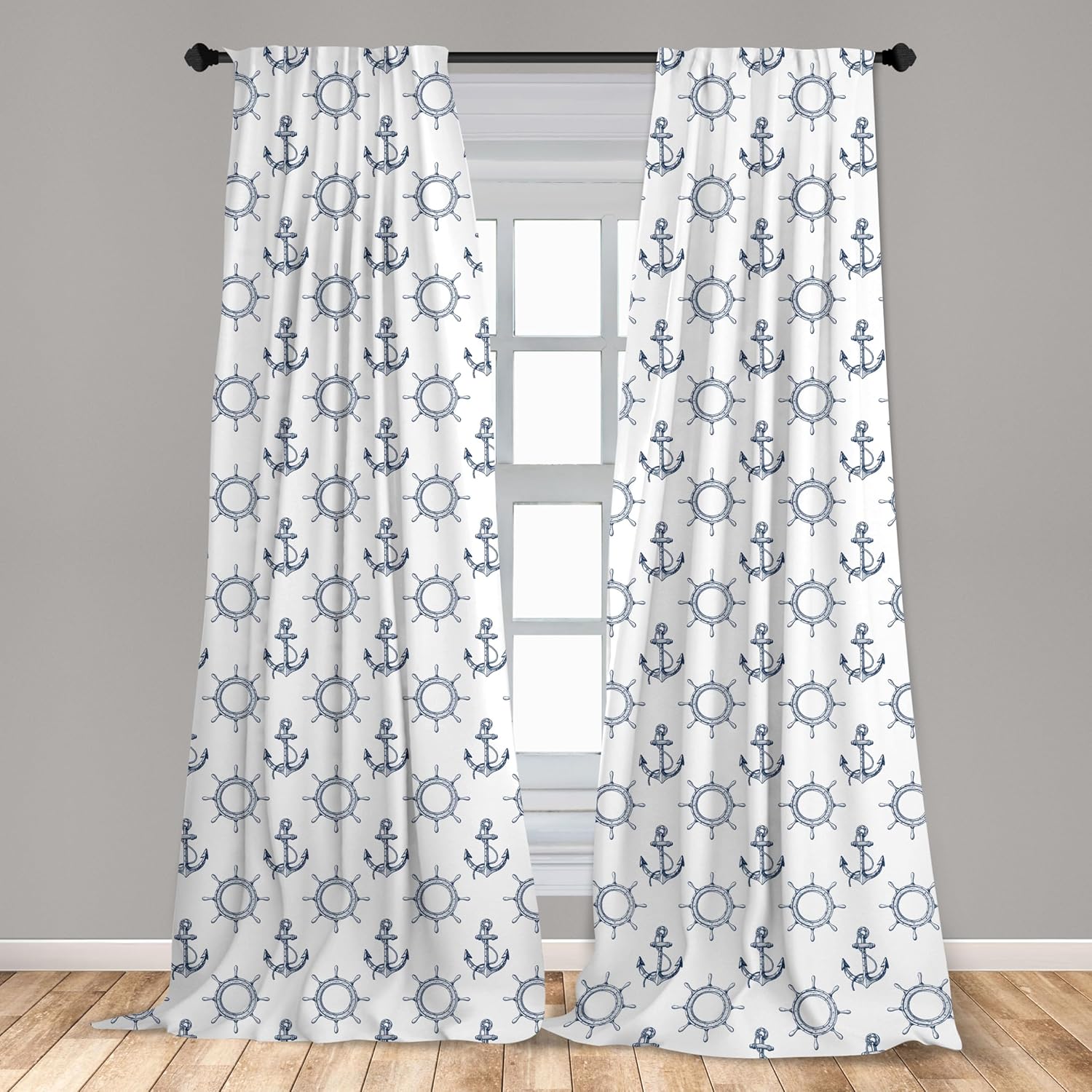 Ambesonne Anchor Curtains, Hand Drawn Steering Wheels and Anchors with Shapes Maritime Illustration, Window Treatments 2 Panel Set for Living Room Bedroom, Pair of - 28" x 95", Pale Blue