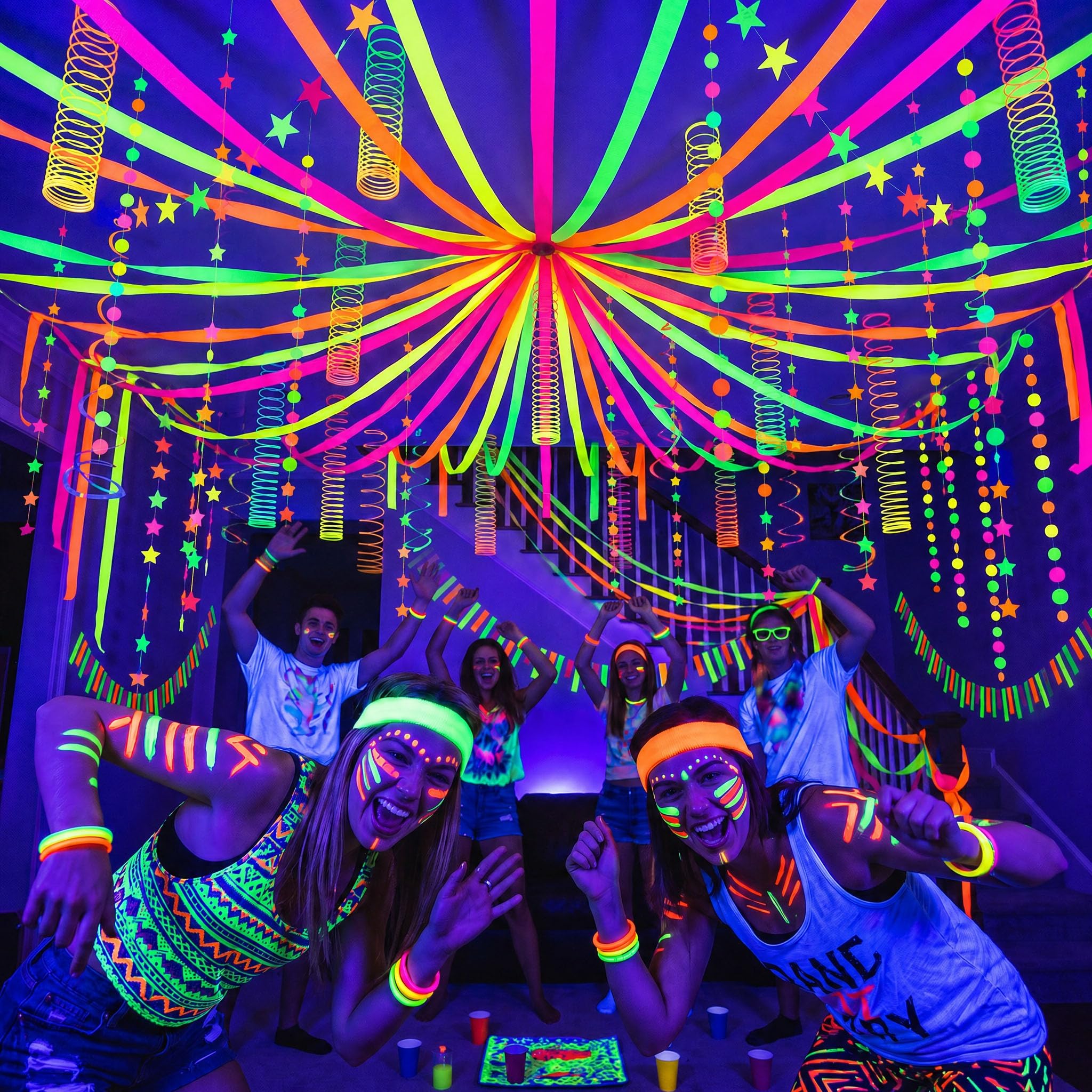 LovesTown 400FT Neon-Themed Party Decorations with 6 Spring Coils