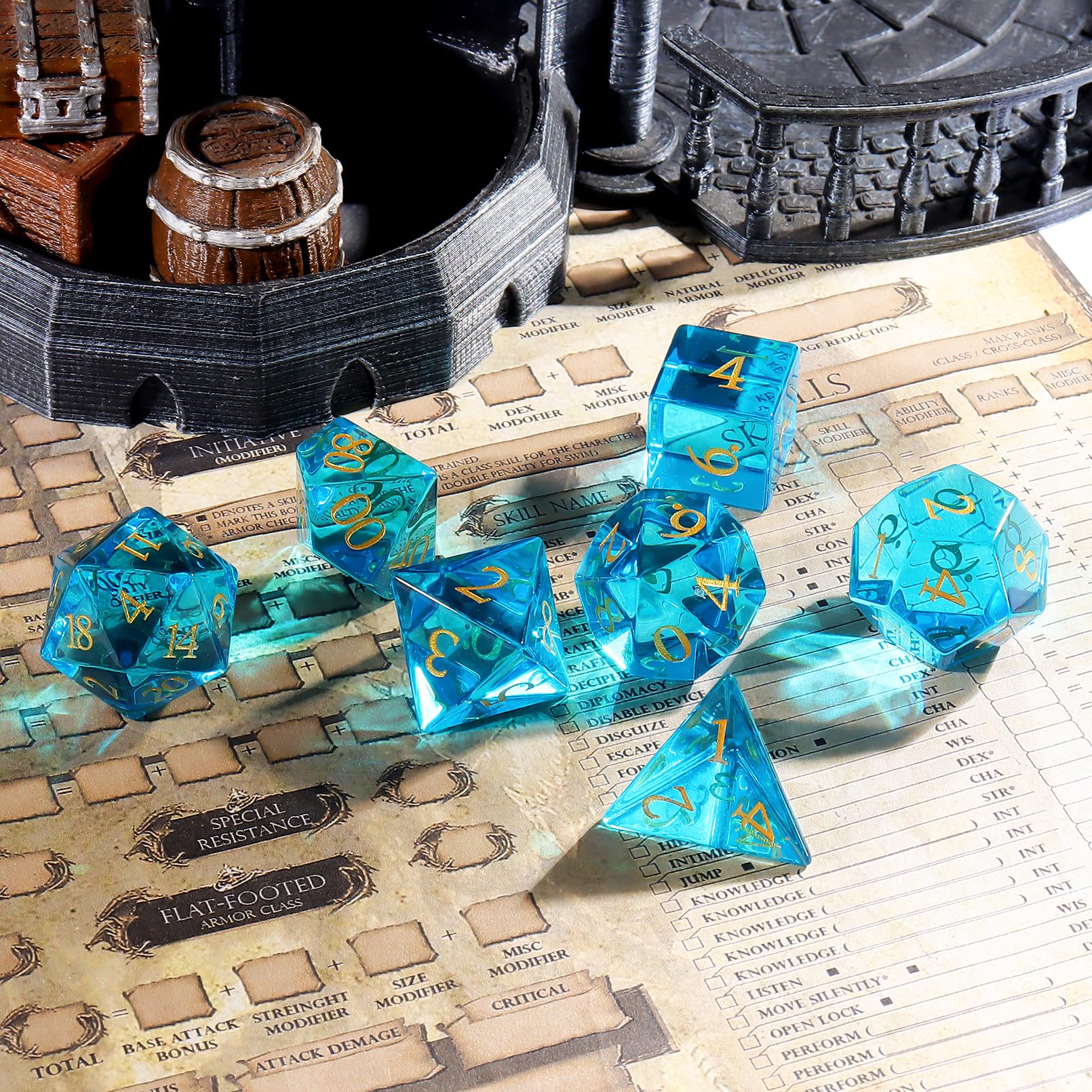 Juego de dados de cristal azul marino, juego de 7 dados con patrón azul marino con caja utilizada para juegos de dados de mazmorra y dragón D4 D6 D8 D10 D% D12 D20 (cristal, azul)