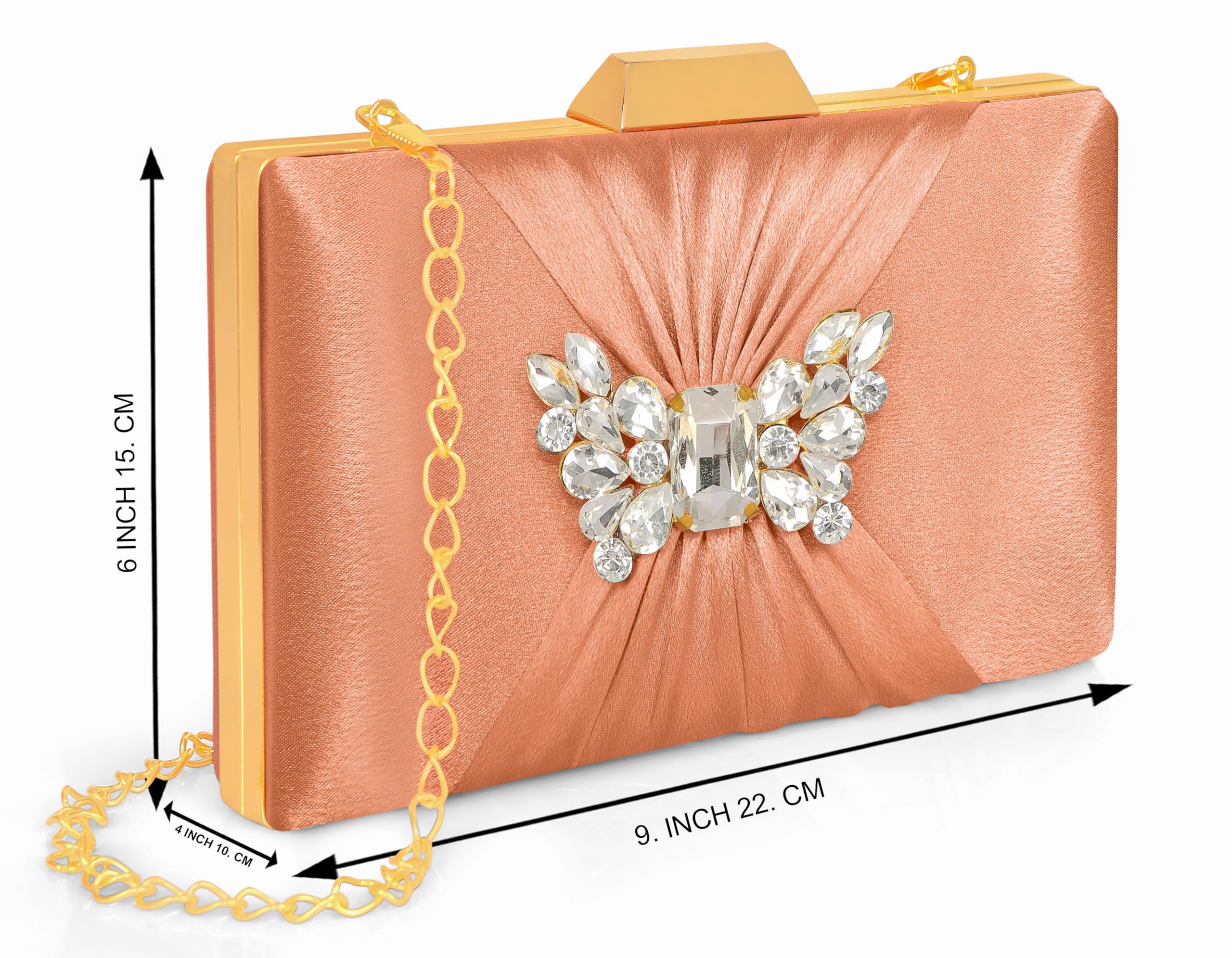 MISHA Sophisticated Satin Clutch with Straight Diamond and Removable Chain Strap (Peach) 1