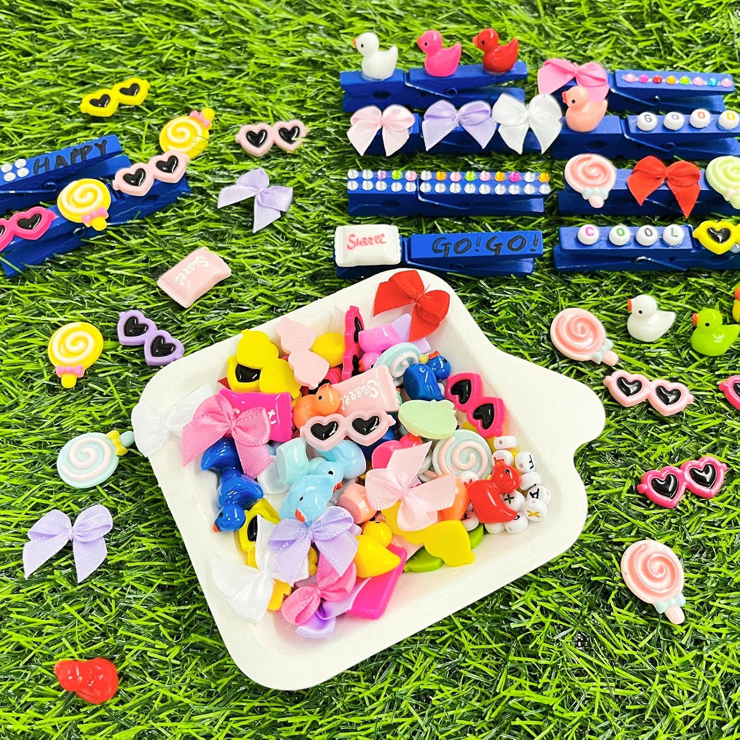 50 Set Cheer Pins Include Wooden Spirit Clips with Mini Resin Ducks Bows Self Adhesive Stickers and Letter Beads for Cheerleader Backpacks Gift (50, Blue)