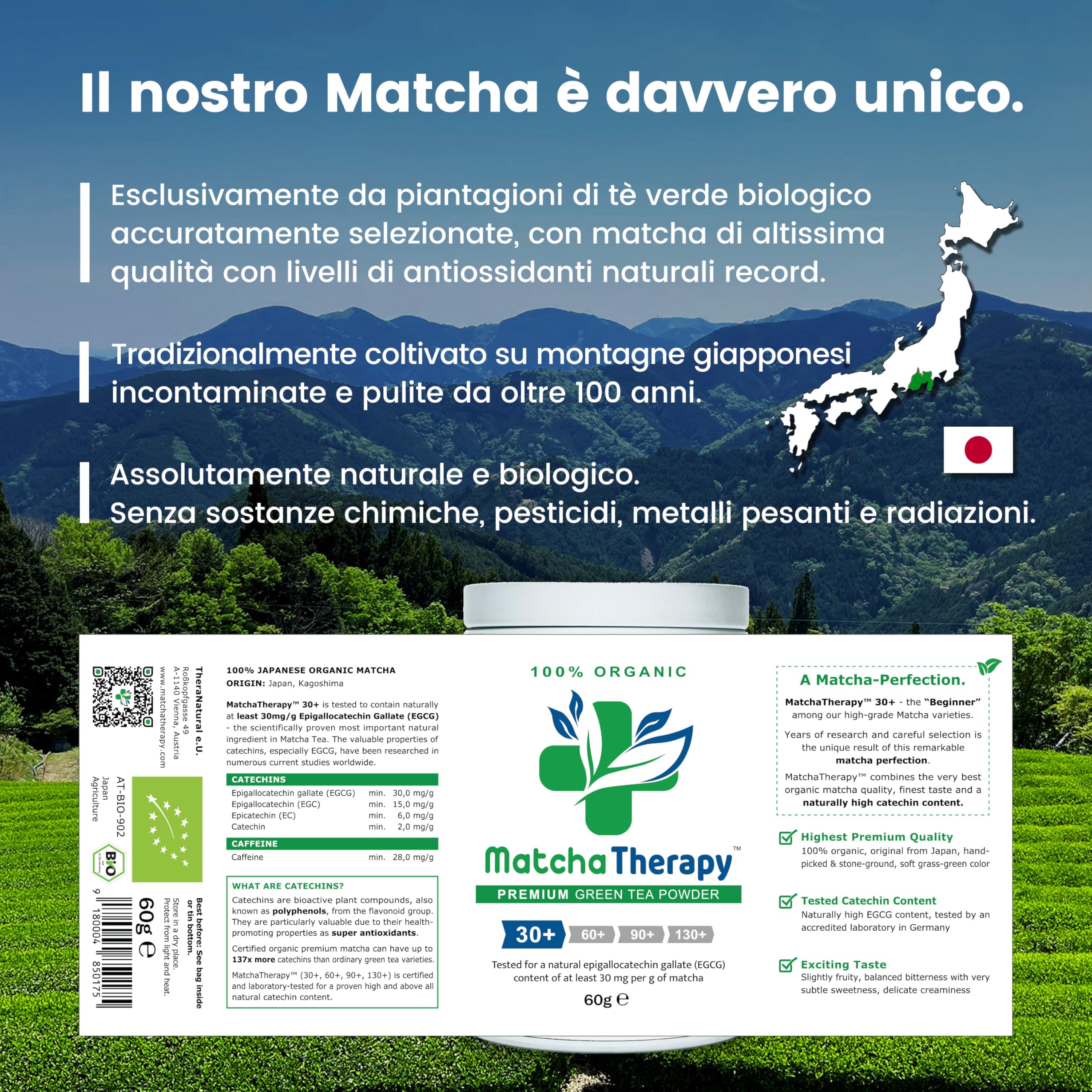MatchaTherapy 30+ | Tè Matcha 100% Biologico | 60g | Almeno 30 mg/g di contenuto di catechina EGCG testato | Migliora sistema immunitario & livello di energia | Grado Premium | Tè verde dal Giappone