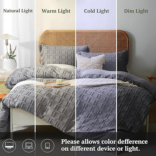 Miniatura 3 de MILDLY Juego de funda de edredón con tejido de gofre, tamaño King, color avena, 3 piezas, 100% microfibra lavada, suave y transpirable, texturizada,