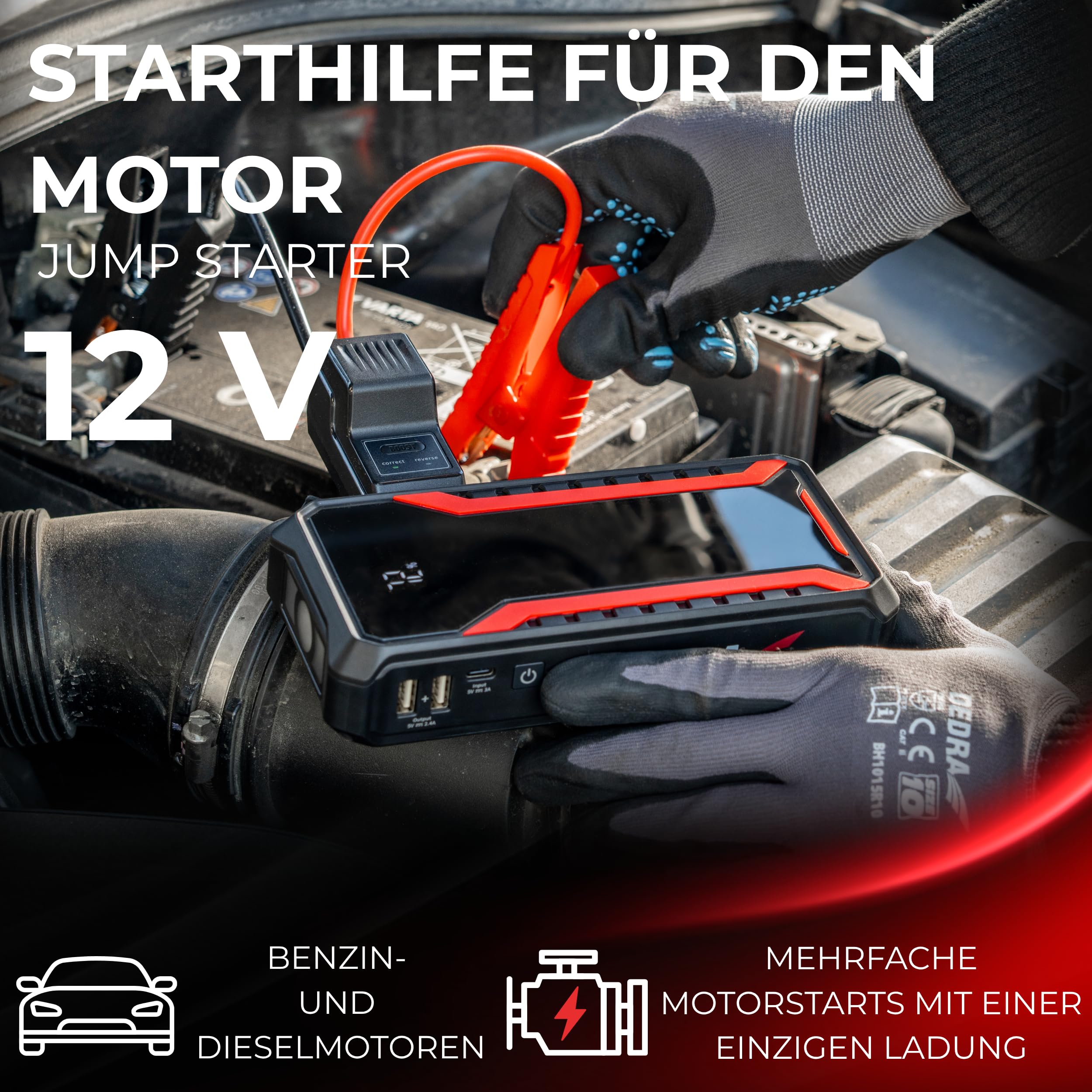 Jump Starter 12V 1800A, Powerbank DEDRA DEPP1201 Starthilfe mit 12000mAh Li-Ion Akku, Autobatterie Booster mit LCD-Anzeige und Sicherheitskabeln, Notstart von Diesel- und Benzinmotoren