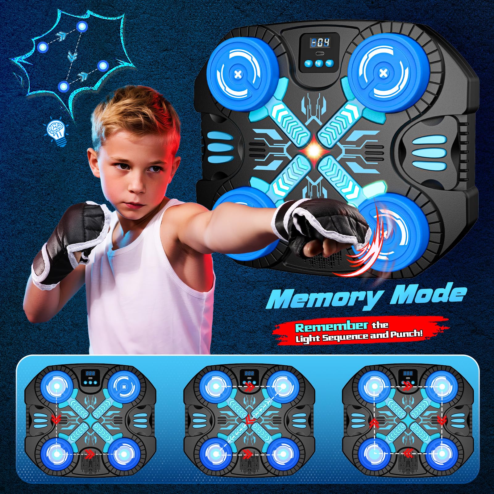 Musical Boxing Machine para Niños, Máquina de Boxeo con Guantes, Bluetooth - 3 Modos de Juego Interactivos - Saco de Boxeo de Pared con Pantalla LED - Juguetes Niño 3-12 años, Regalo Navidad