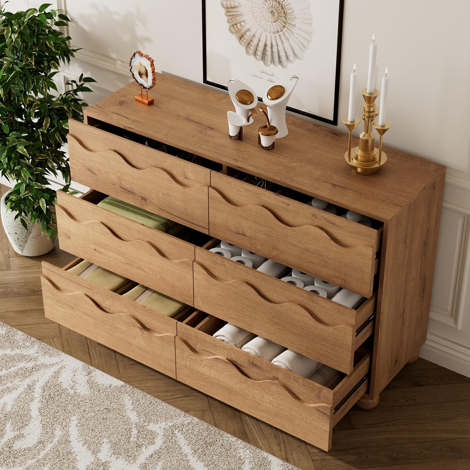 Dresser for Bedroom 6 Drawers Dresser Natural Oak Scalloped, 47" Wide Modern Chest of Drawers with Hidden Handle, Fluted Wood Closet Clothes Storage Organizer, Wooden Dresser for Living Room, Hallway