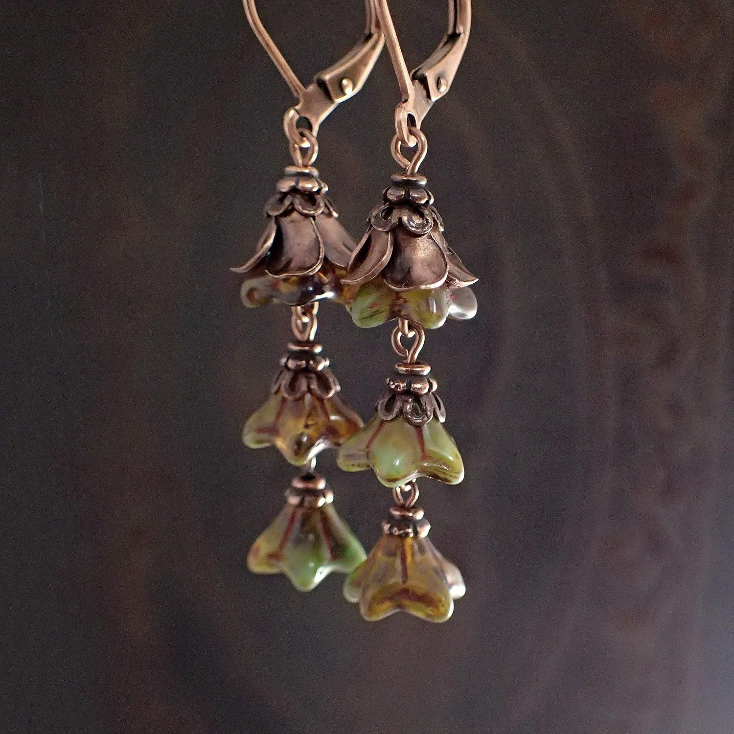 Rustic Olive Green Lever Back Flower Dangle Earrings