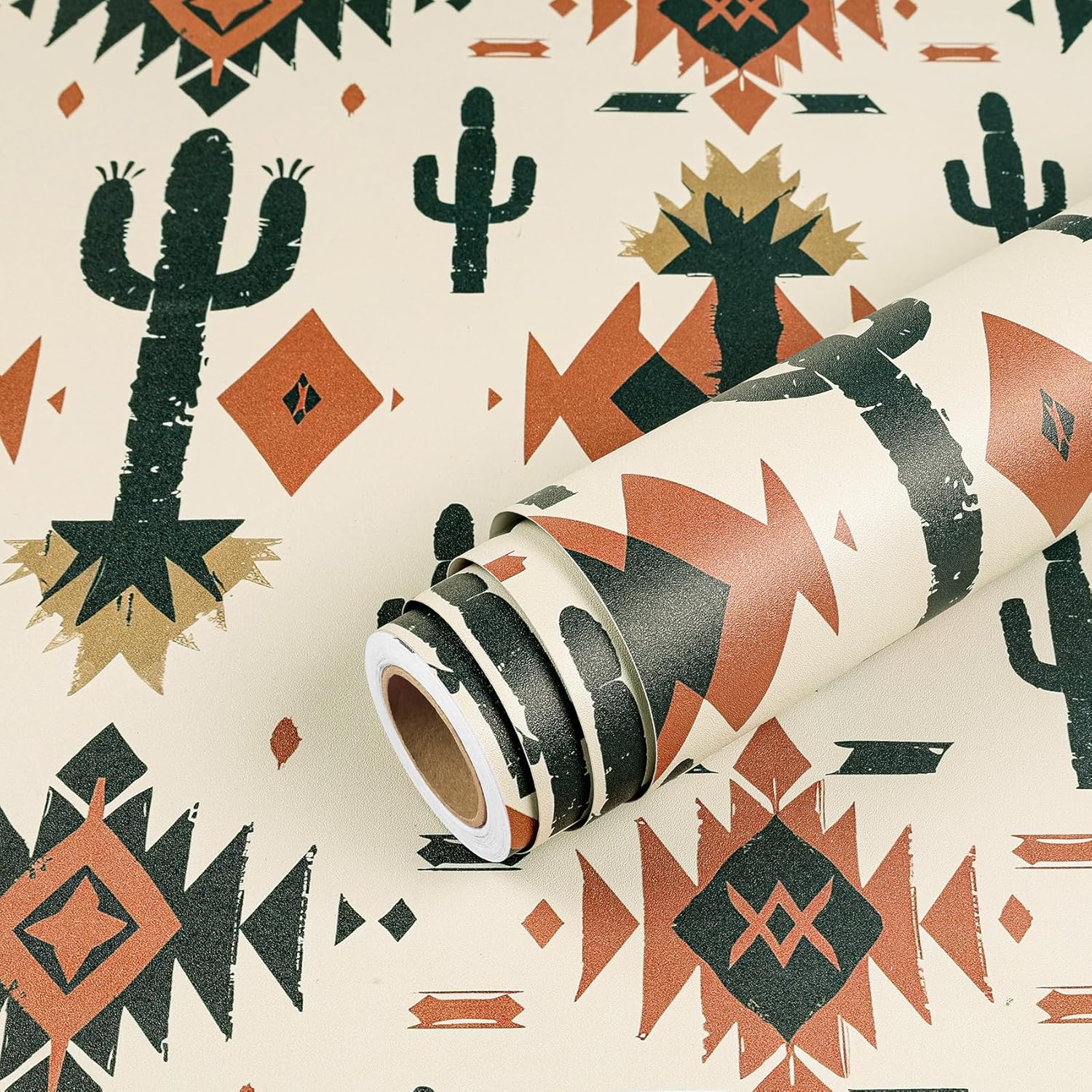 Livelynine 17.5x276 Vintage Western Peel and Stick Wallpaper Boho Chic Aztec Cactus South Indian Traditional Wallpaper for Bathroom Living Room Wall Cover Renter Friendly Contact Paper Self Adhesive