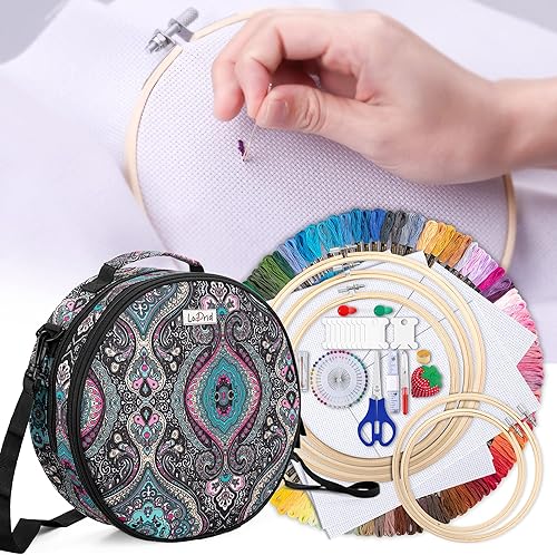 Miniatura 6 de LoDrid Kit de bordado, bolsa de almacenamiento redonda de doble capa con kit completo de herramientas de punto de cruz, kits de iniciación de