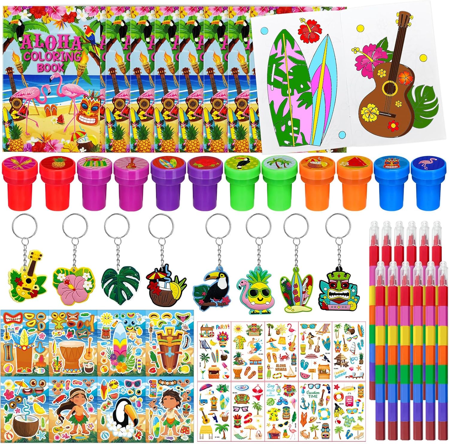 Cinrobiye 72 Pcs Hawaiian Luau Party Favors, Tropical Moana Flamingo Coloring Books Bulk, Aloha Tiki Summer Birthday Goodie Bag Fillers, Tattoos Stickers Stampers Prizes for Beach Pool Party