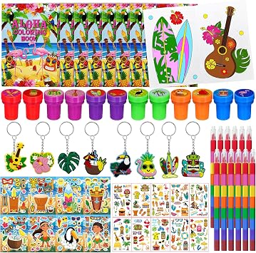 Cinrobiye 72 Pcs Hawaiian Luau Party Favors, Tropical Moana Flamingo Coloring Books Bulk, Aloha Tiki Summer Birthday Goodie Bag Fillers, Tattoos Stickers Stampers Prizes for Beach Pool Party