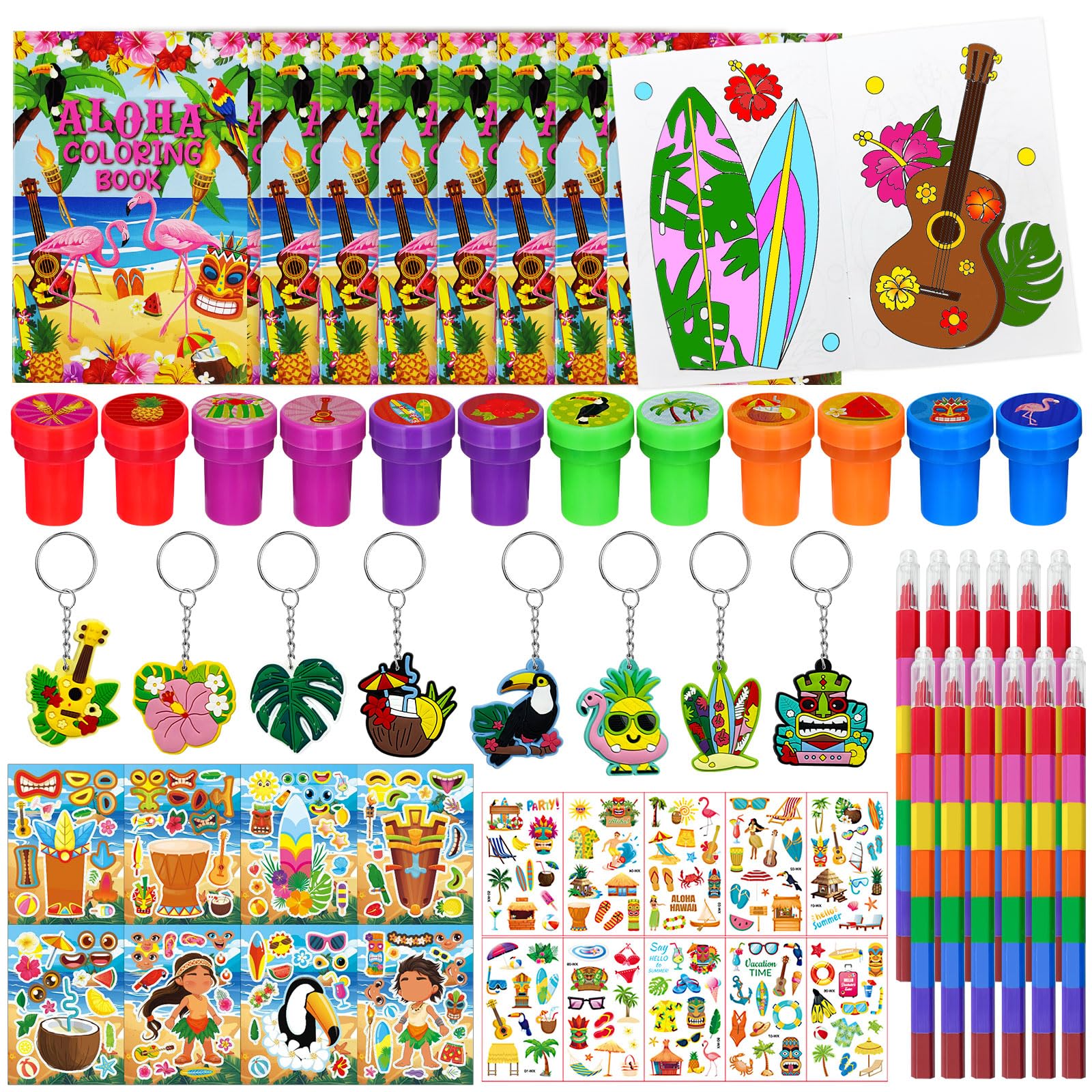 Cinrobiye 72 Pcs Hawaiian Luau Party Favors, Tropical Moana Flamingo Coloring Books Bulk, Aloha Tiki Summer Birthday Goodie Bag Fillers, Tattoos Stickers Stampers Prizes for Beach Pool Party