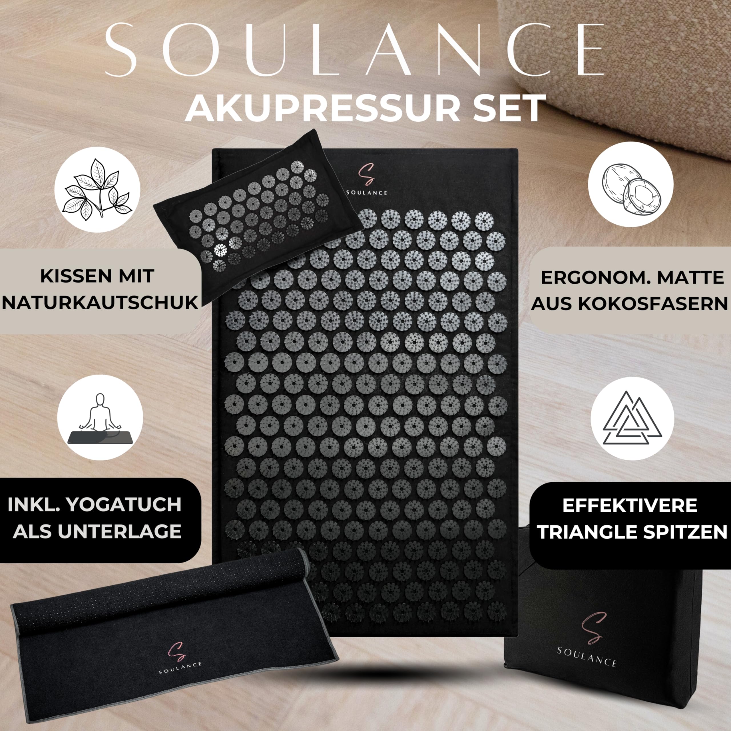 SOULANCE Akupressurmatte gegen Rückenschmerzen, Akkupressmatte,Massagematte | 5 in 1 Set, Akupunktur Matte,Kokosfaserfüllung,Massagematte,Akupressurmatte Set mit Kissen,Ganzkörper,Fakirmatte,Stachelmatte