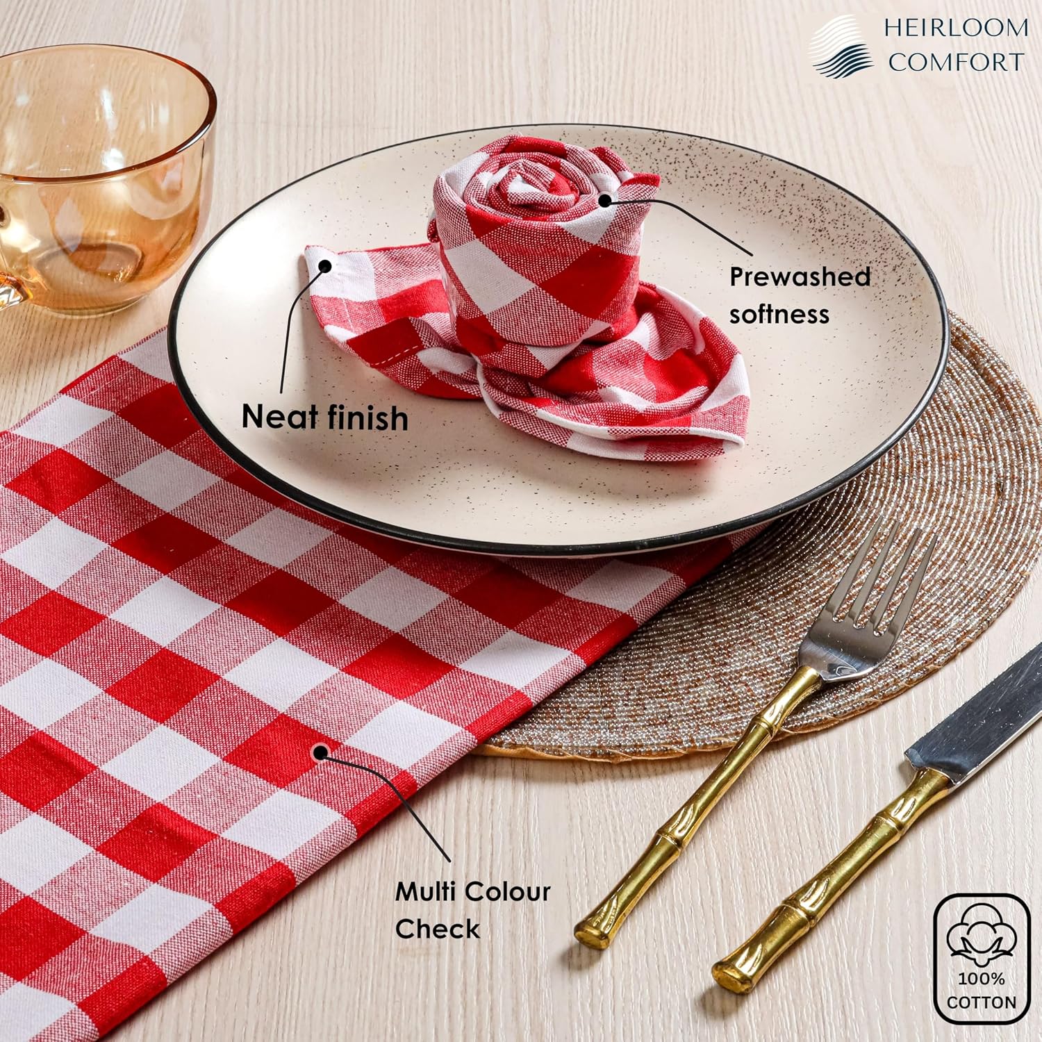 Multicolor Gingham Checked Napkins Set of 12, 18x18 Inch, 100% Cotton, Soft, Absorbent & Durable, Reusable Table Dinner Napkins for Wedding, Picnic, Everyday Dining - Red and White