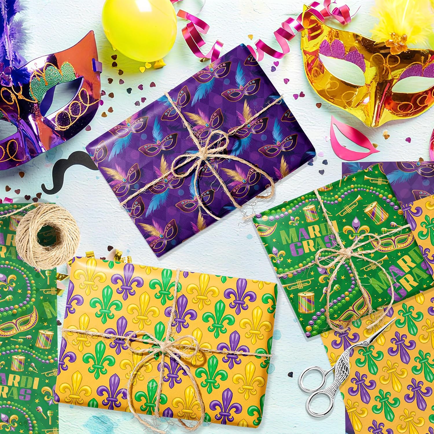 150 Sheets Mardi Gras Tissue Paper - 3 Fleur De Lis, Masquerade Masks, and Carnival Designs, 20 × 14 Inches for Mardi Gras Party Decor, DIY Crafts, Gift Wrapping, and Carnival Celebrations