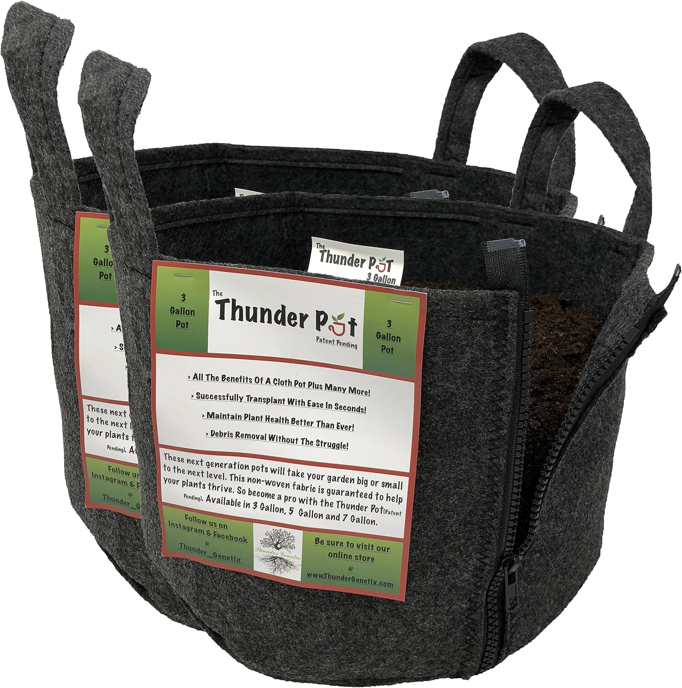 Thunder Pot Zippered Fabric Grow Bag 2-Pack Cloth Air Pots for Indoor, Outdoor & Hydroponic Use | Soil Planters for Flowers, Potato, Tomato, and Other Vegetables & Garden Plants (3-Gallon)