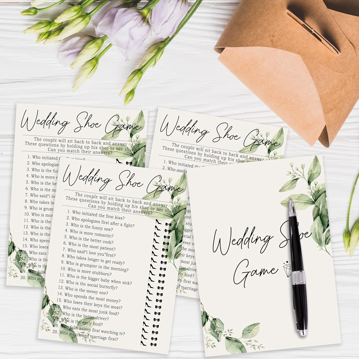 Greenery Bridal Shower Game Cards, Wedding Shoe Games Cards Reception for Wedding Showers Engagement Bachelorette Party, Bridal Party Games for Decorations Favors Supplies, Set of 25-10