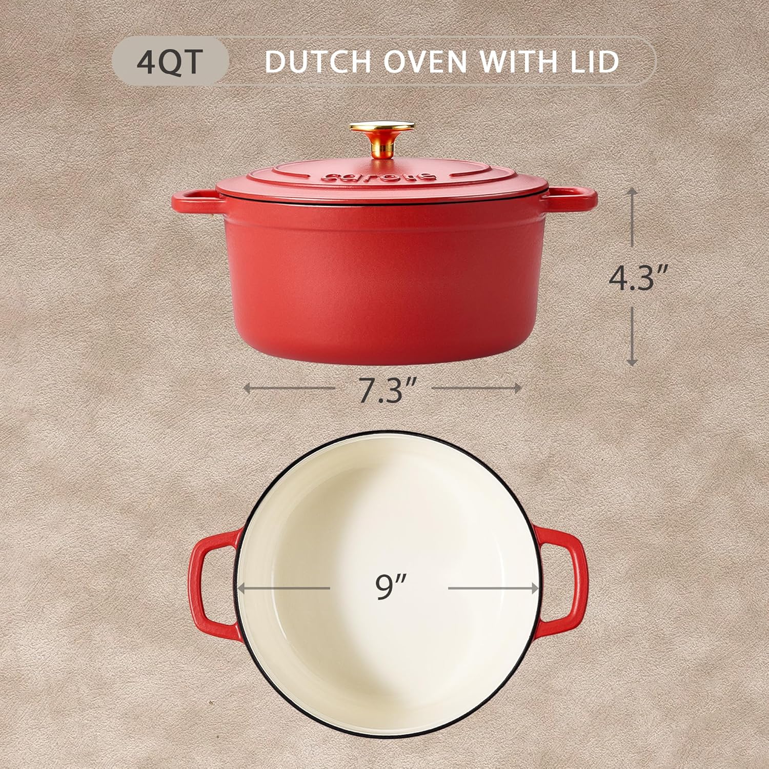 CAROTE Enameled Cast Iron Dutch Oven Pot with Lid, 4 QT Dutch Ovens, Heavy-Duty Cast Iron Pot for Sourdough Bread Baking, Braising, Stews, Roasting, Healthy & Non-Toxic, Dual Handles, All Stovetop Compatible, Oven Safe up to 500° F, Red - Image 2