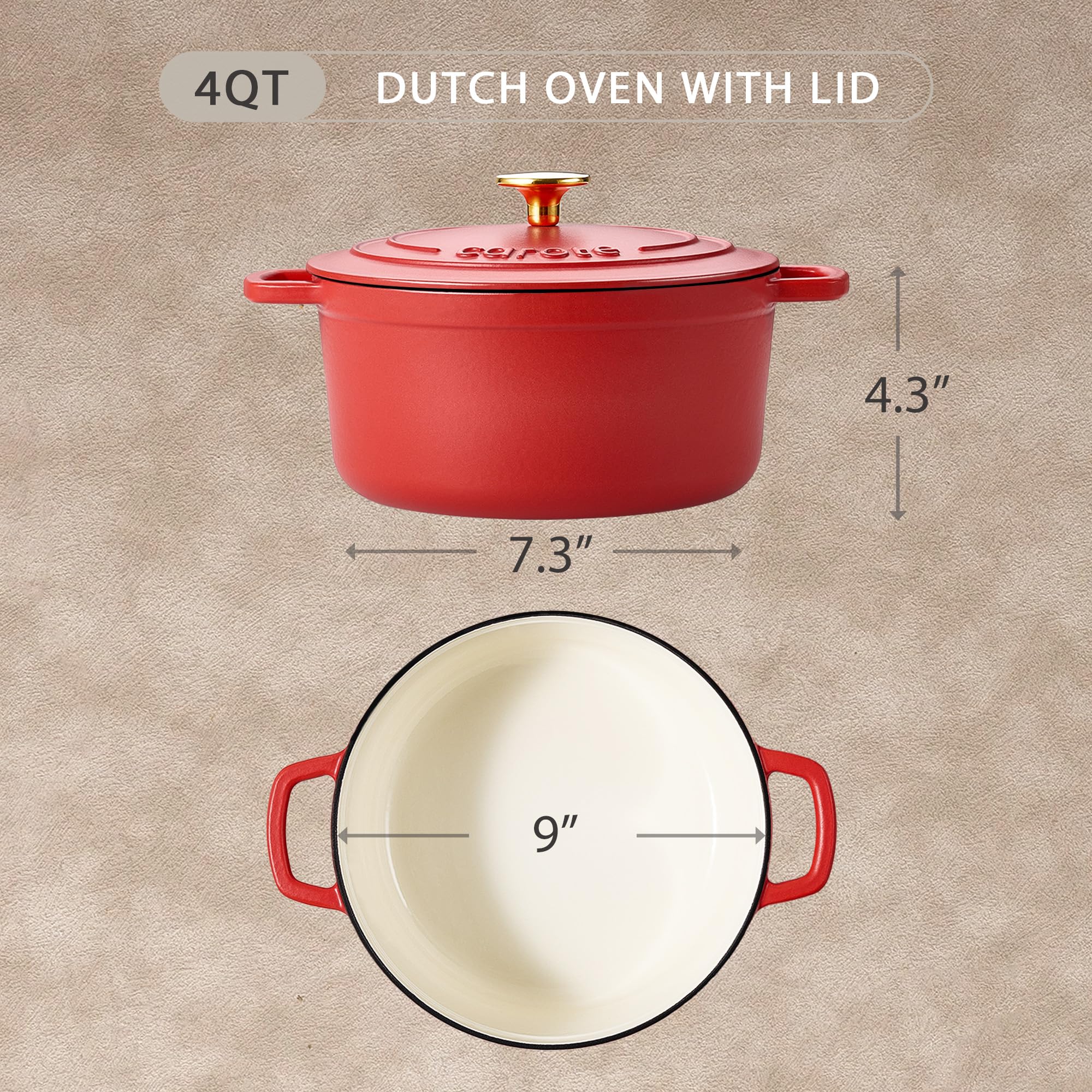 CAROTE Schmortopf aus emailliertem Gusseisen mit Deckel, 4 QT Dutch Ovens, robuster Gusseisentopf zum Backen, Schmoren, Eintöpfen, Braten, gesund und ungiftig, Doppelgriffe, alle Herdplatten