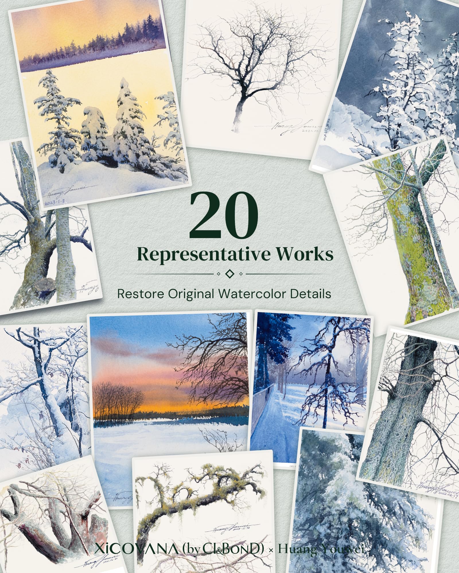 XiCOVANA Huang Youwei Tree Series - Set di fotocopie ad acquerello, riproduzione autorizzata dall'artista, 20 fogli di carta artistica di alta qualità, confezione regalo in velluto per tracciare