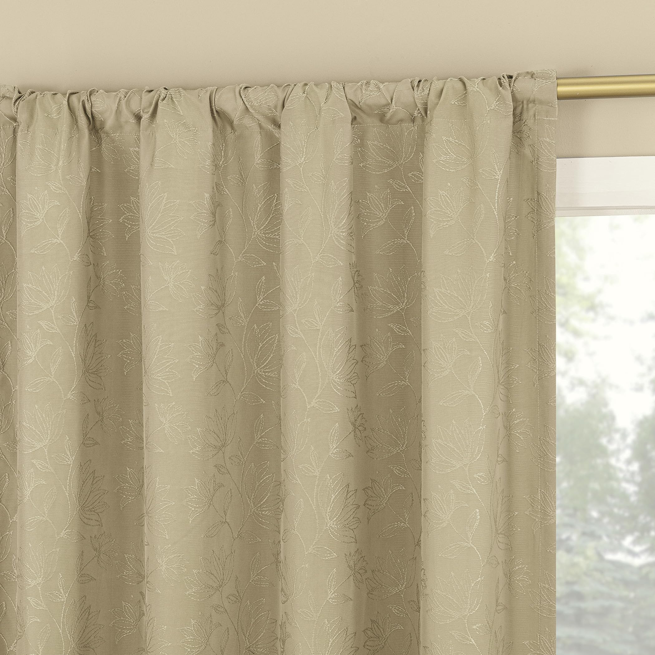 Rideau occultant thermique jacquard floral taupe bloquant 100% la lumière